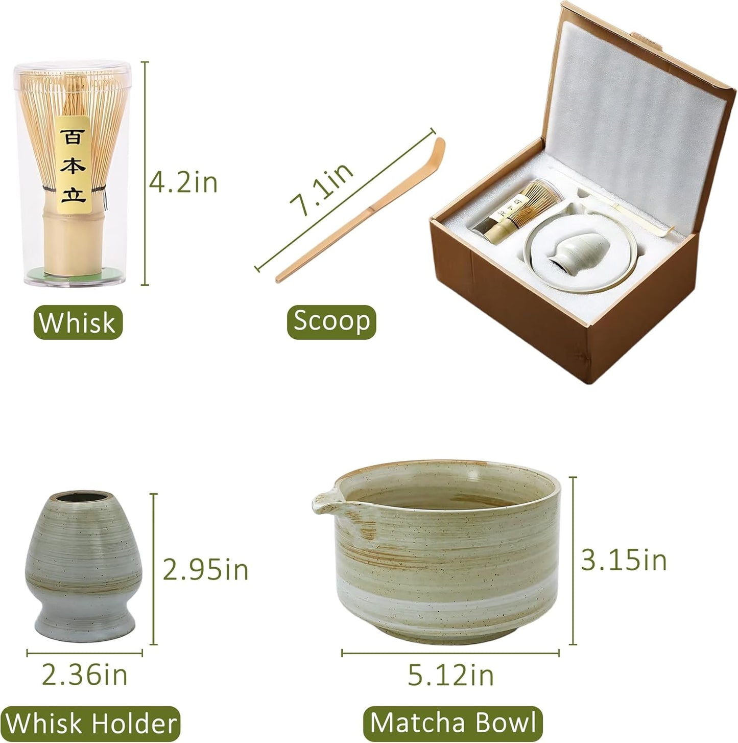 4pcs Matcha Set, Japanese Matcha Kit with Whisk, 17oz Ceramic Bowl with Spout, Whisk Holder & Bamboo Scoop for Starter, Tea Ceremony, Tea Lover, Gift