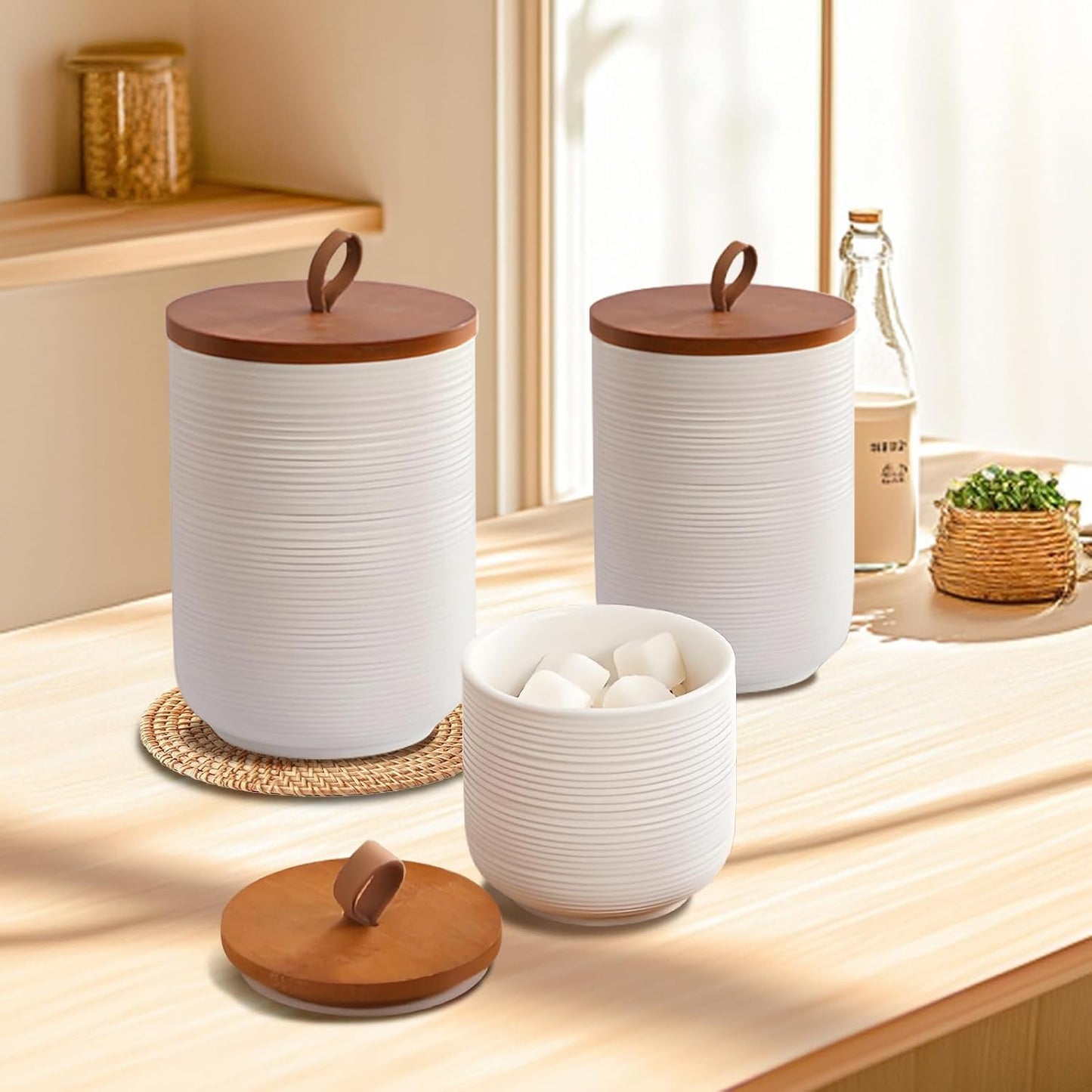 Food Storage Jar Strong Ceramic Storage Canisters with Airtight Wooden Lid,Kitchen Storage Containers for Serving Coffee Beans, Tea, Sugar, Salt, Spices (Little white)