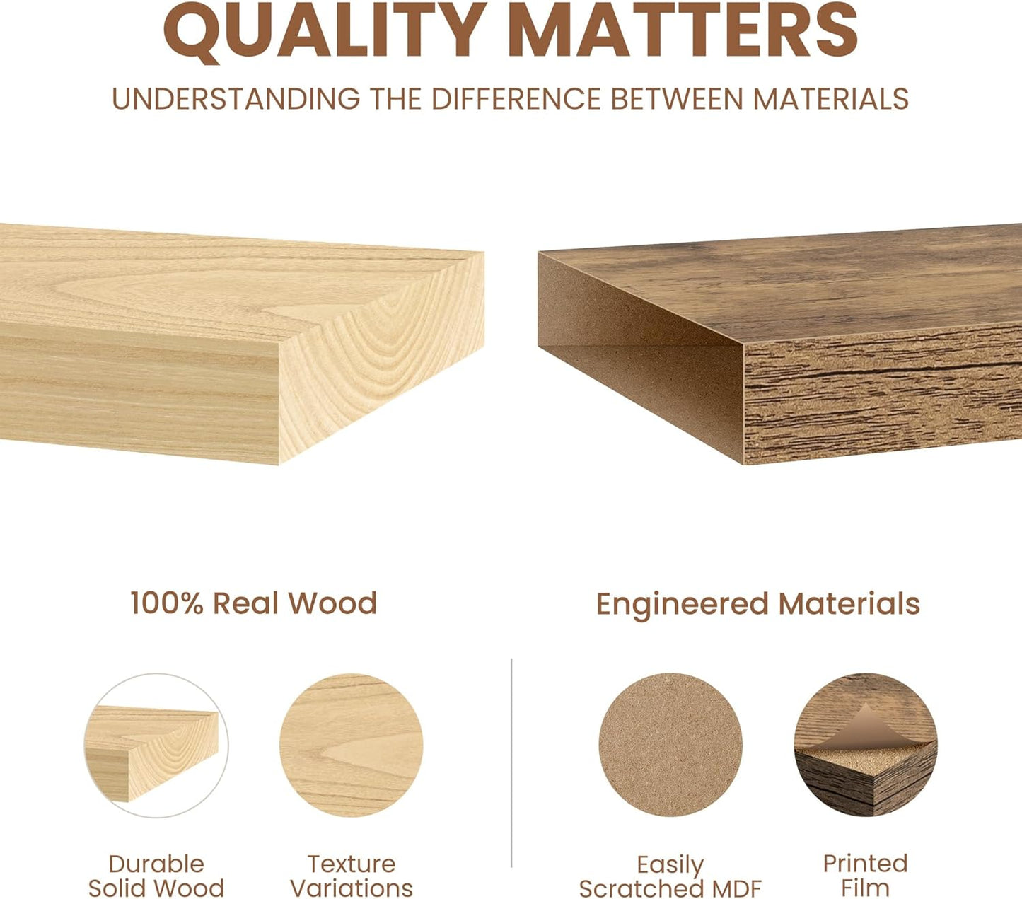 Fun Memories Rustic Floating Shelves for Home Decor, 8 Inch Deep Floating Shelf, Solid Wood Floating Wall Shelves 24 Inch Long, Deep Wall Shelves for Bathroom, Living Room, Natural Finsh, Set of 2