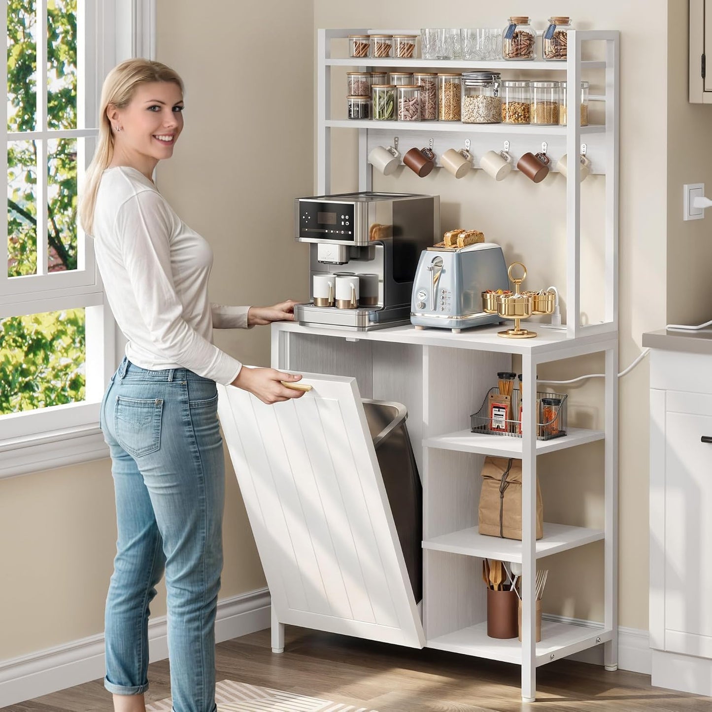 YITAHOME Bakers Rack with Storage Microwave Stand with Trash Can Bin Cabinet and Power Outlet 6-Tiers Coffee Stand Large Microwave Table for Kitchen Dining Room Living Room White