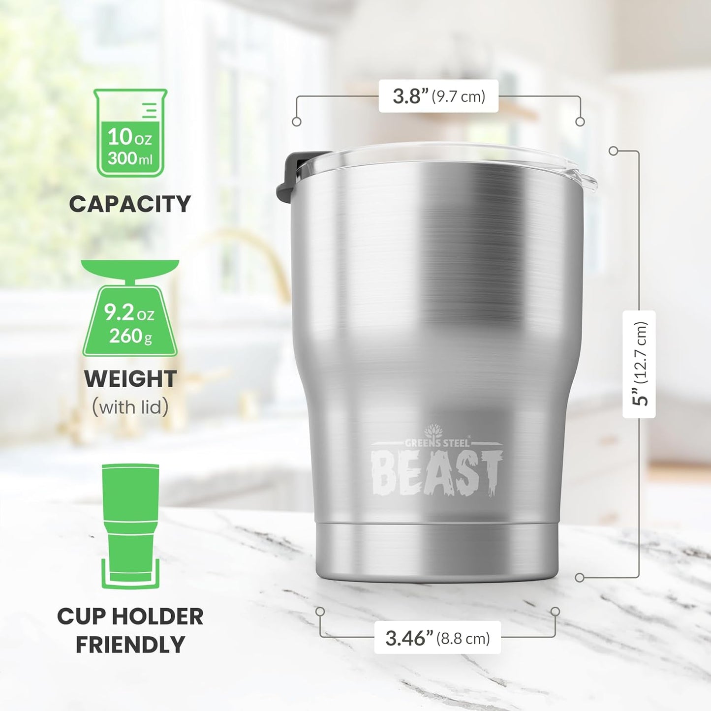 Beast 10 oz Tumbler Stainless Steel Vacuum Insulated Coffee Ice Cup Double Wall Travel Flask (Steel)