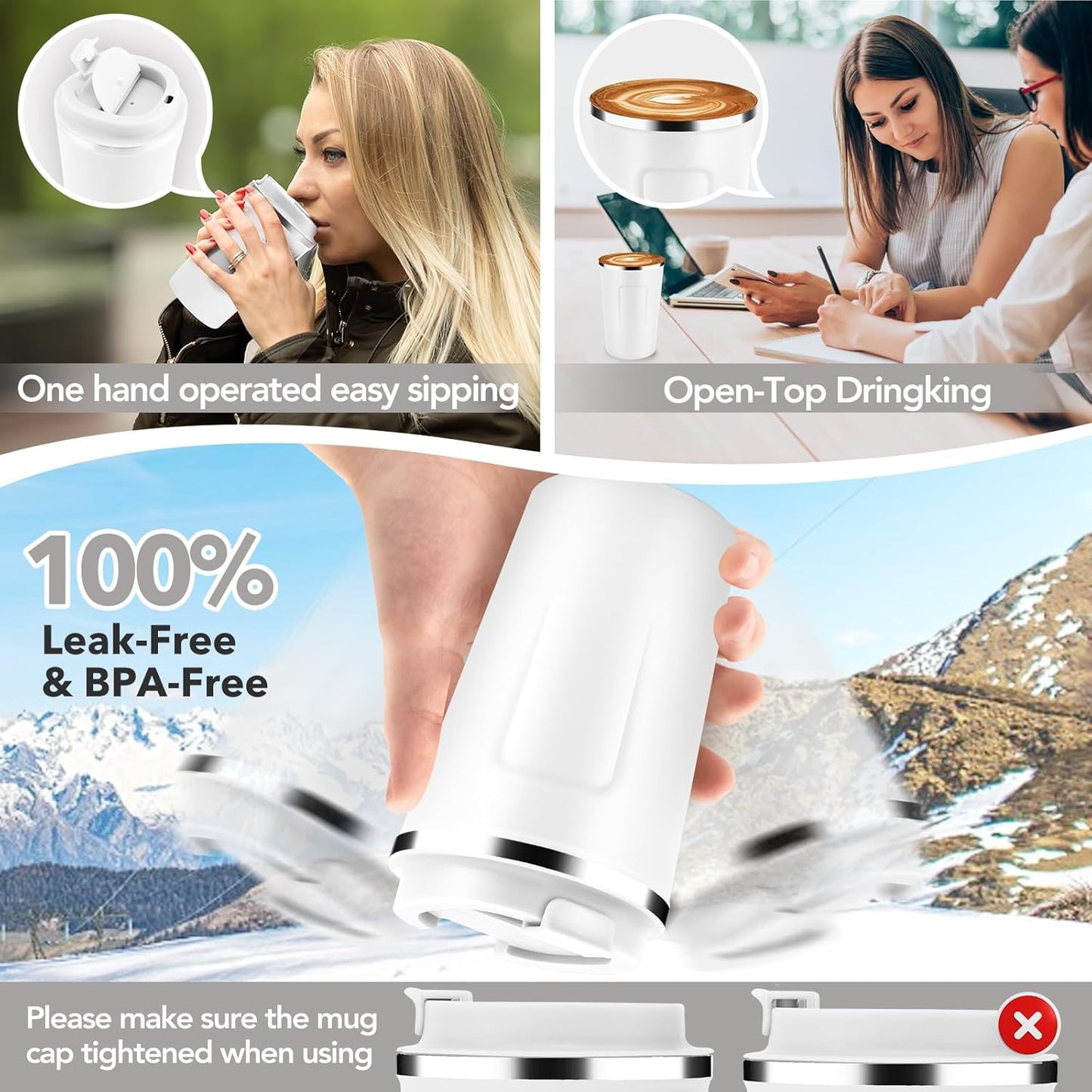 Volhoply 12 oz Double Wall Insulated Vacuum Travel Coffee Mug with Flip Lid Bulk 4 Pack,Reusable Stainless Steel Leak Proof Coffee Cups,Portable Cafe Thermal Tumbler for Hot & Cold Drinks(White,4 Set)