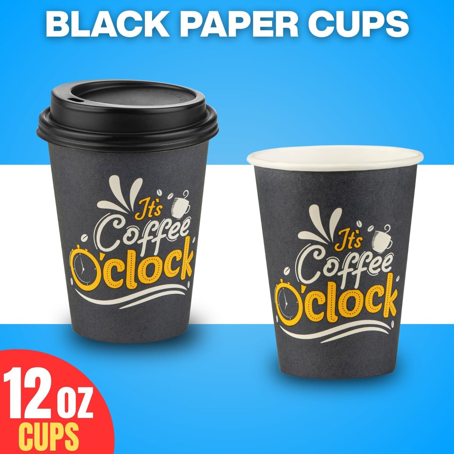 Smygoods Disposable Coffee Cups with Lids, To Go Paper Hot Cups, Coffee O'Clock Design (12 OZ, 100 Count) For Hot Beverages, Coffee, Tea, Espresso, Cocoa - Vasos Para Cafe
