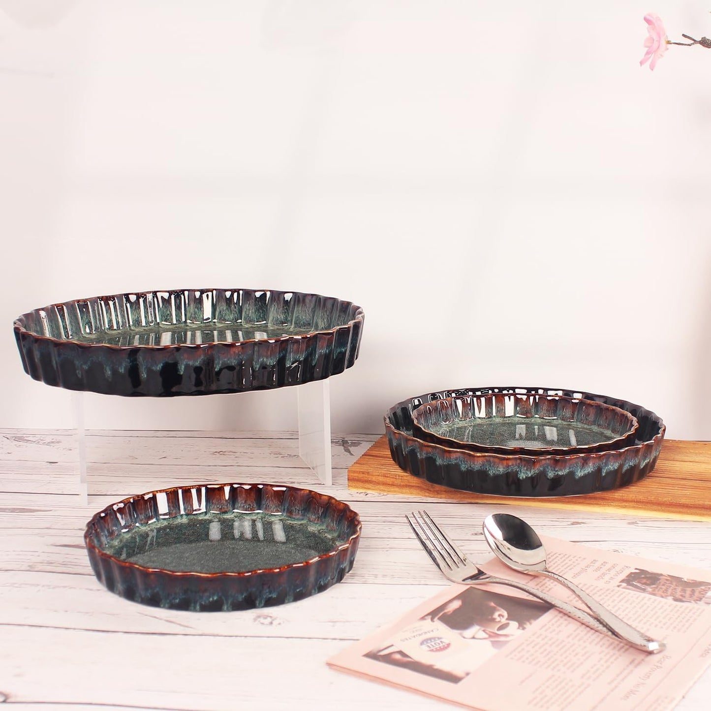 Ceramic Pie Pan Quiche Baking Dish, 9 Inch Round Ruffled Edge Au Gratin Baking Dishes, 27 Ounces Non-Stick Pie Dish, Tart Pan, Pie Plate for Apple, Oven, Dishwasher and Microwave Safe