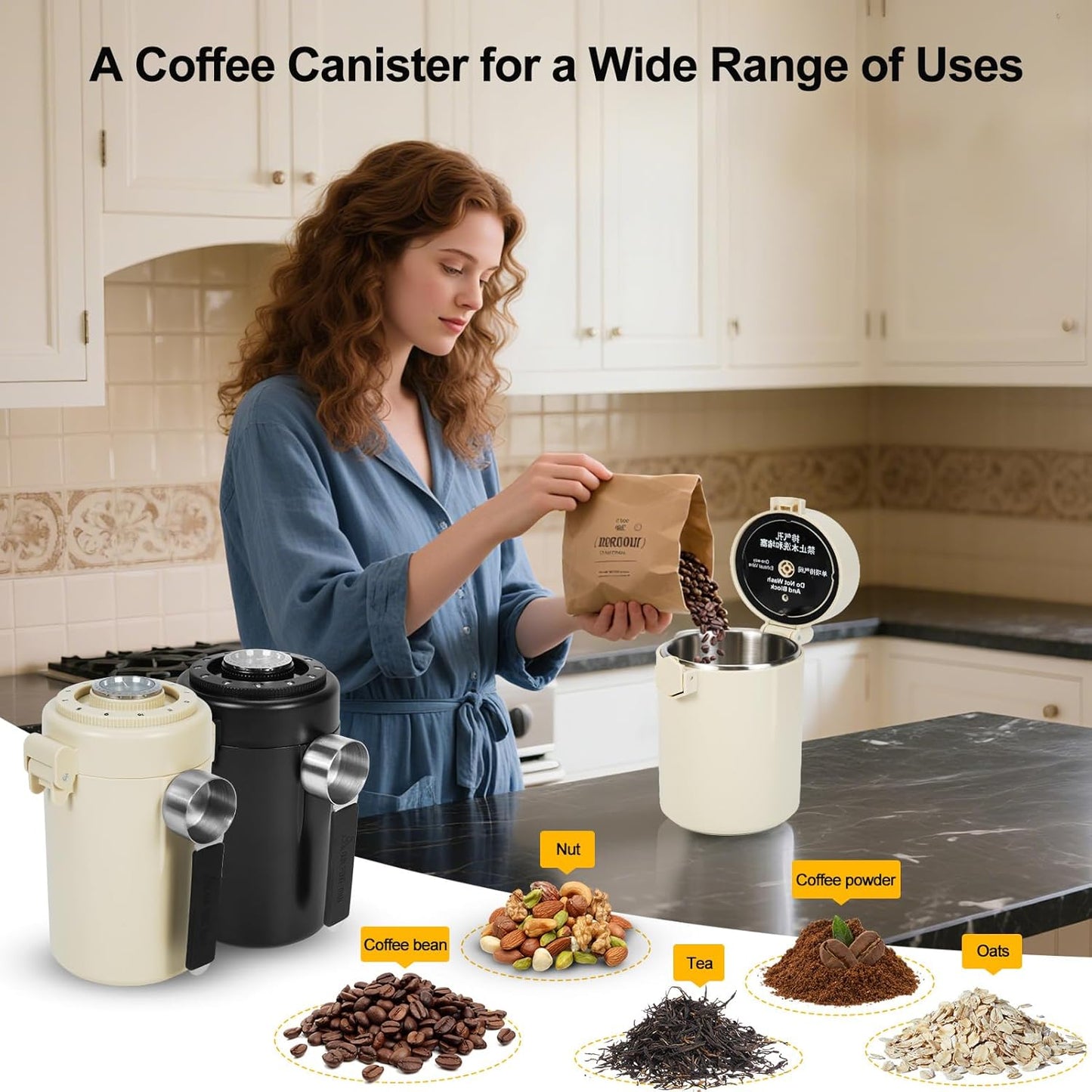 Coffee Canister, Airtight Stainless Steel Kitchen Food Storage Container With Spoon And Date Tracker, For Ground Coffee, Cereal, Bean, Tea,Sugar (black)