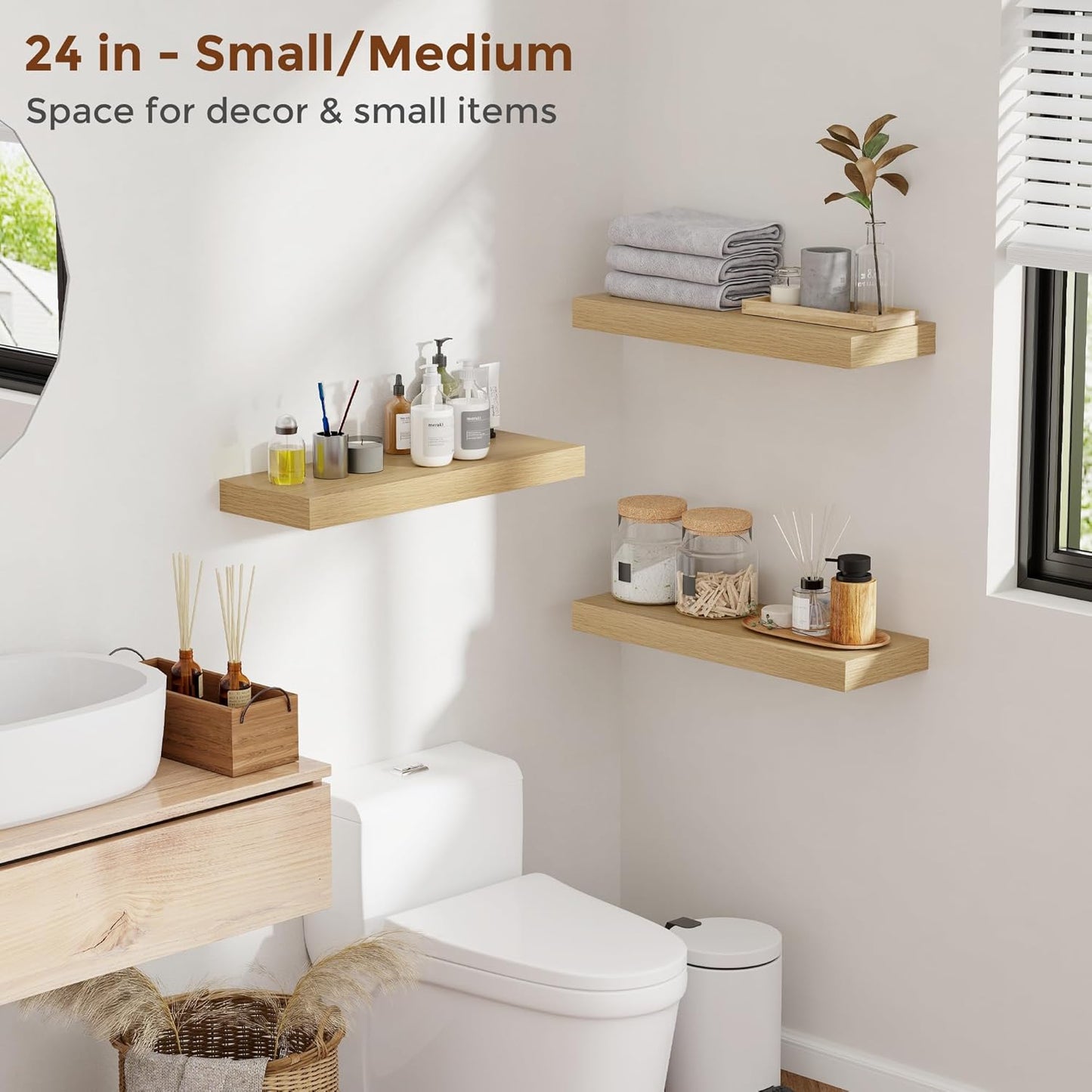 Heimlove 24 Inch Floating Shelves for Wall Oak Shelves Set of 2,Wall Mounted Rustic Wood 8 Inch Deep Floating Shelf with Invisible Brackets for Bedroom Kitchen Living Room