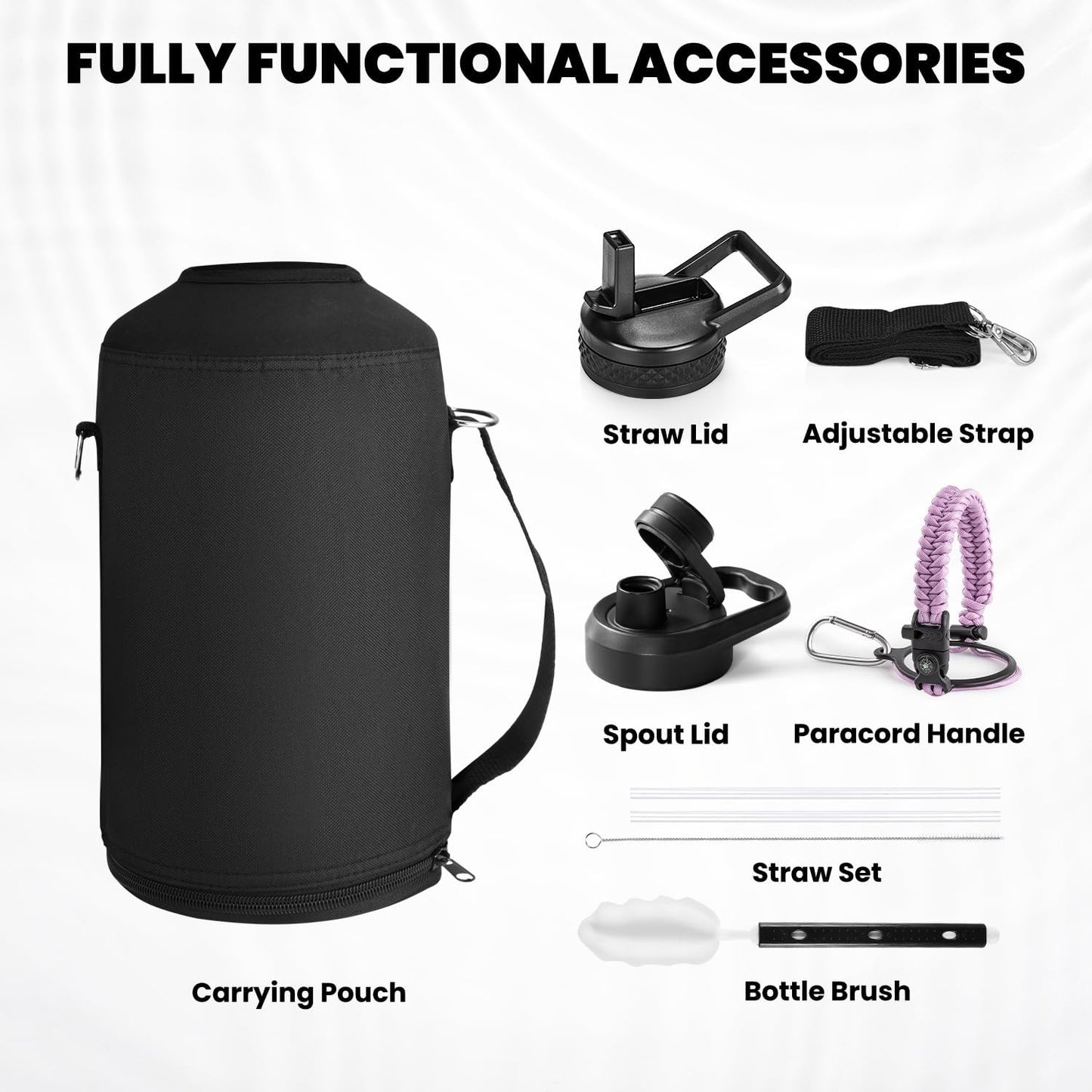 One Gallon Water Bottle Insulated, Triple Walled Vacuum Stainless Steel (Cold for 48 Hrs), Leak Proof & Non-BPA, Large Water Flask Jug with Paracord Handle & Straw Spout Lids