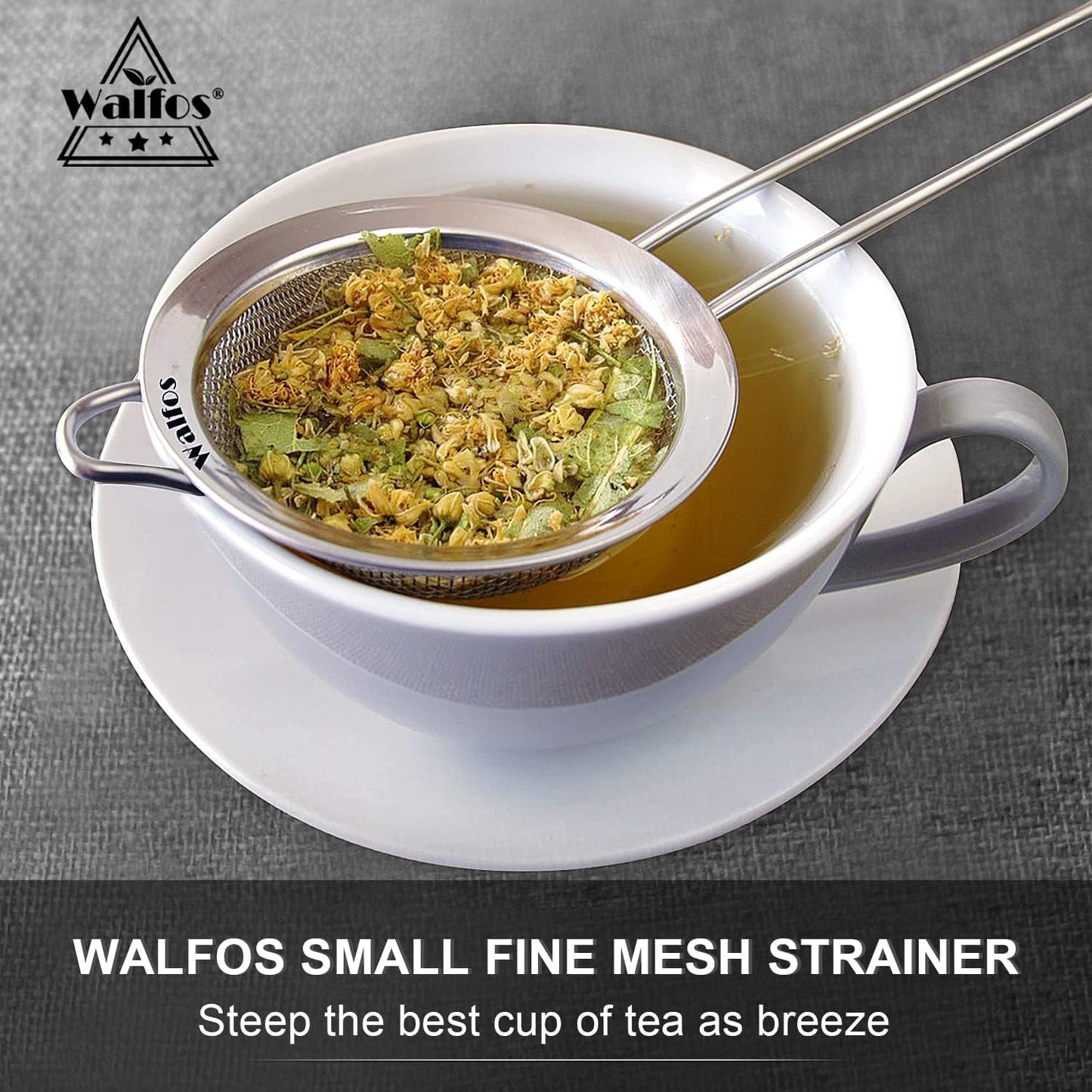 Walfos Fine Mesh Strainer 4PCS, Versatile Kitchen Strainer with Handle - 7", 5", 3.3", 2.8" Sieve Fine Mesh Stainless Steel, Metal Strainers and Sifters for Rice, Quinoa, Tea, Cocktail, Pasta, Juice