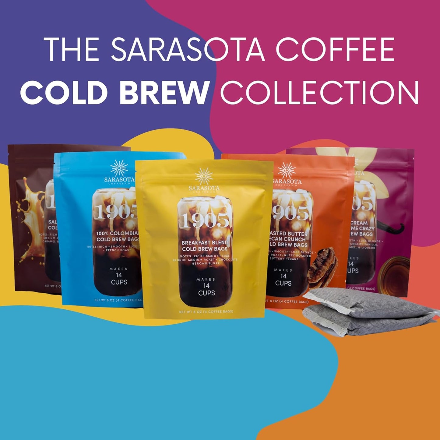 Sarasota Coffee 1905 Cold Brew Coffee Bags | Salted Caramel | Blonde-Medium Roast | Smooth & Low Acid | Ground Filter Packs | Cold Brew Kit Makes 14 Cups | Creamy Caramel & Sea Salt Notes