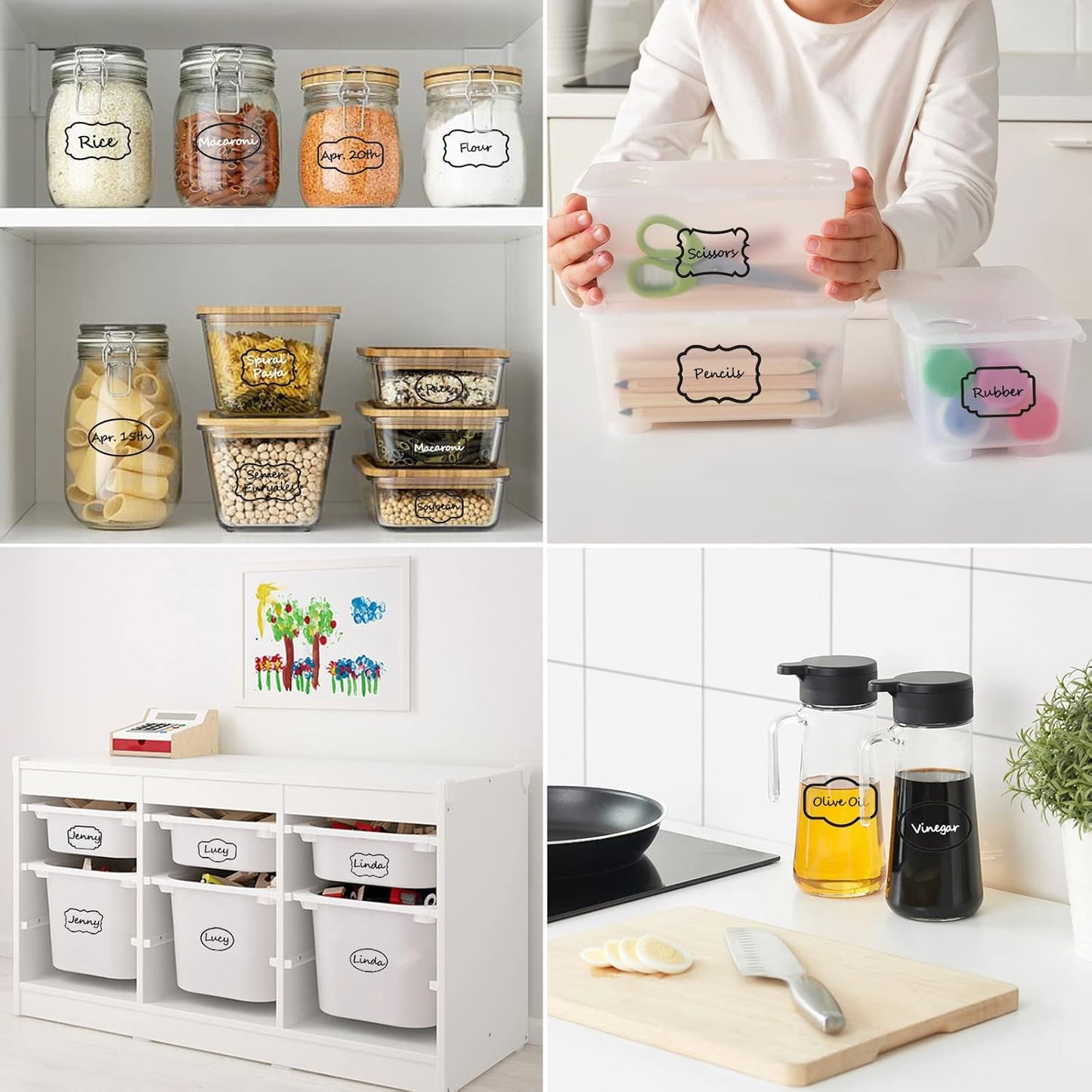 Kitchen Pantry Food Containers Clear Labels with Black Border, 138 Waterproof Removable Write-on Sticker Labels Tags to Organize Spice Jars Condiment Flour Sugar Canisters Storage Bins, Free 2 Markers