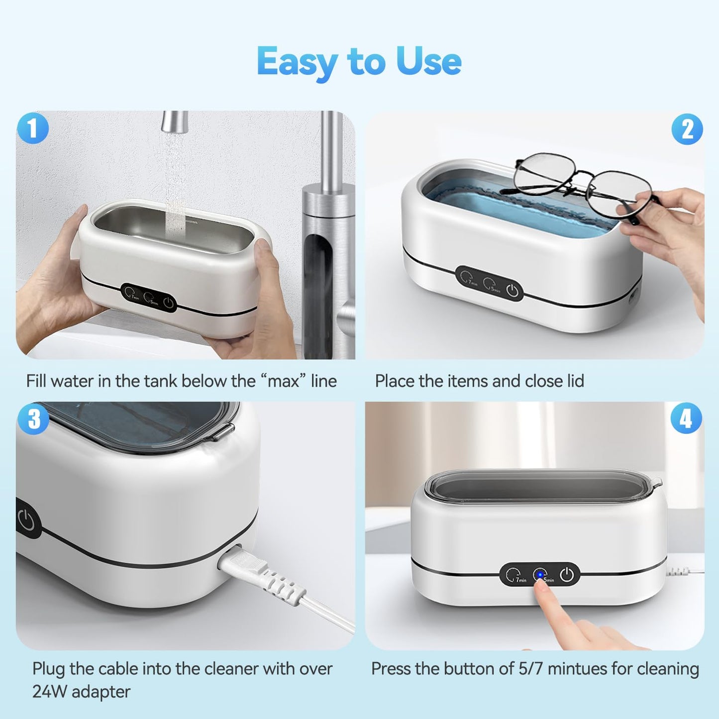 Ultrasonic Jewelry Cleaner, 48KHz Ultrasonic Cleaner Machine for Jewelry, Eyeglasses, Rings, Watch Strap, Dentures- Dual Cleaning Modes, 304 Stainless Steel Tank