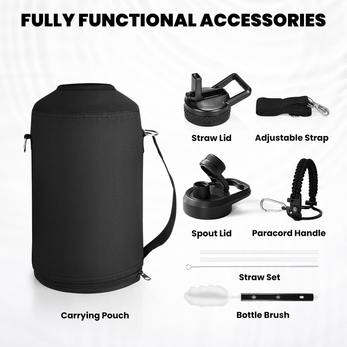 One Gallon Water Bottle Insulated, Triple Walled Vacuum Stainless Steel (Cold for 48 Hrs), Leak Proof & Non-BPA, Large Water Flask Jug with Paracord Handle & Straw Spout Lids