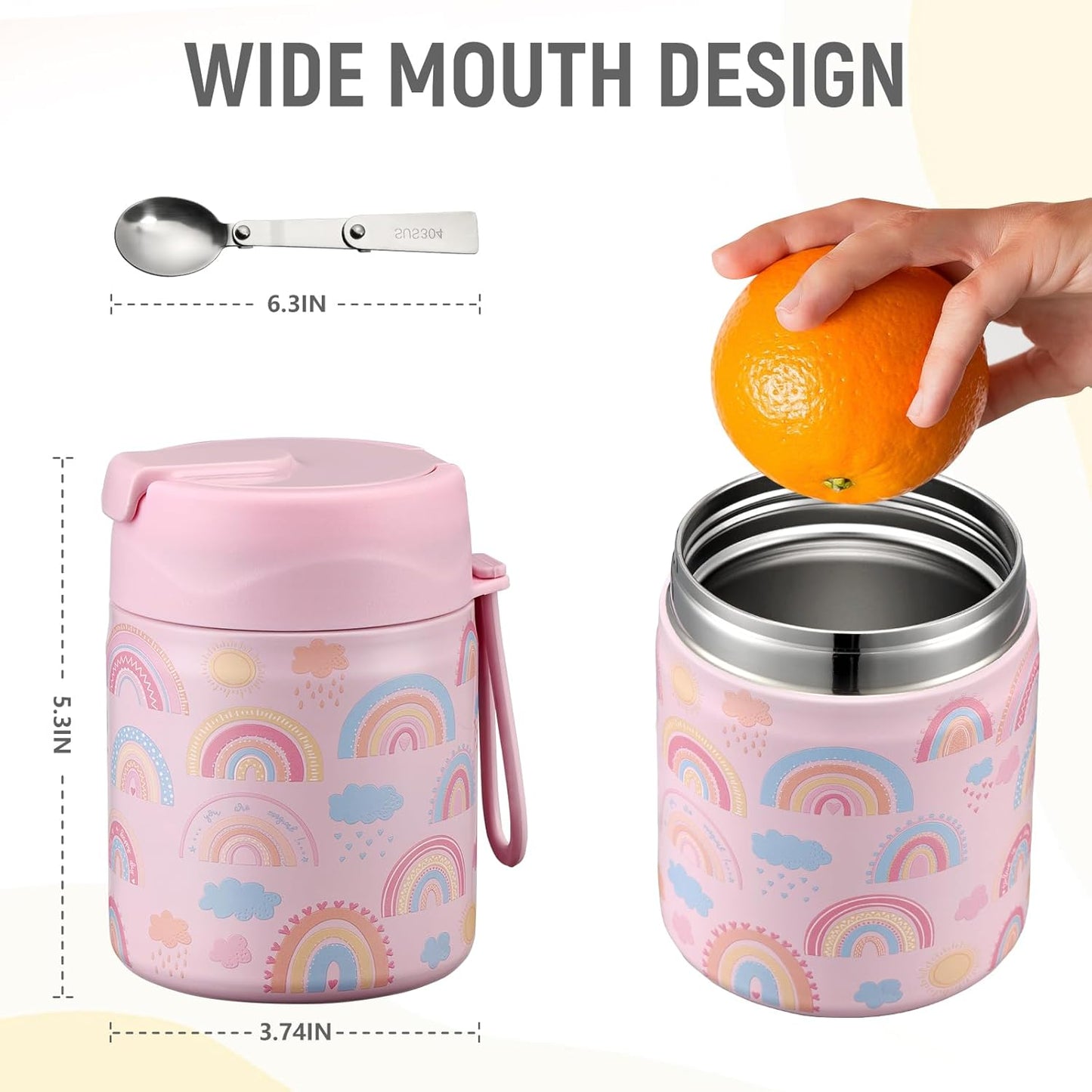 17oz Soup Thermo for Hot Food Kids Insulated Vacuum Food Jar with Stainless Steel Spoon Wide Mouth Thermo Leakproof Lunch Food Container Kids Hot Lunch Box (Pink-Rainbow)
