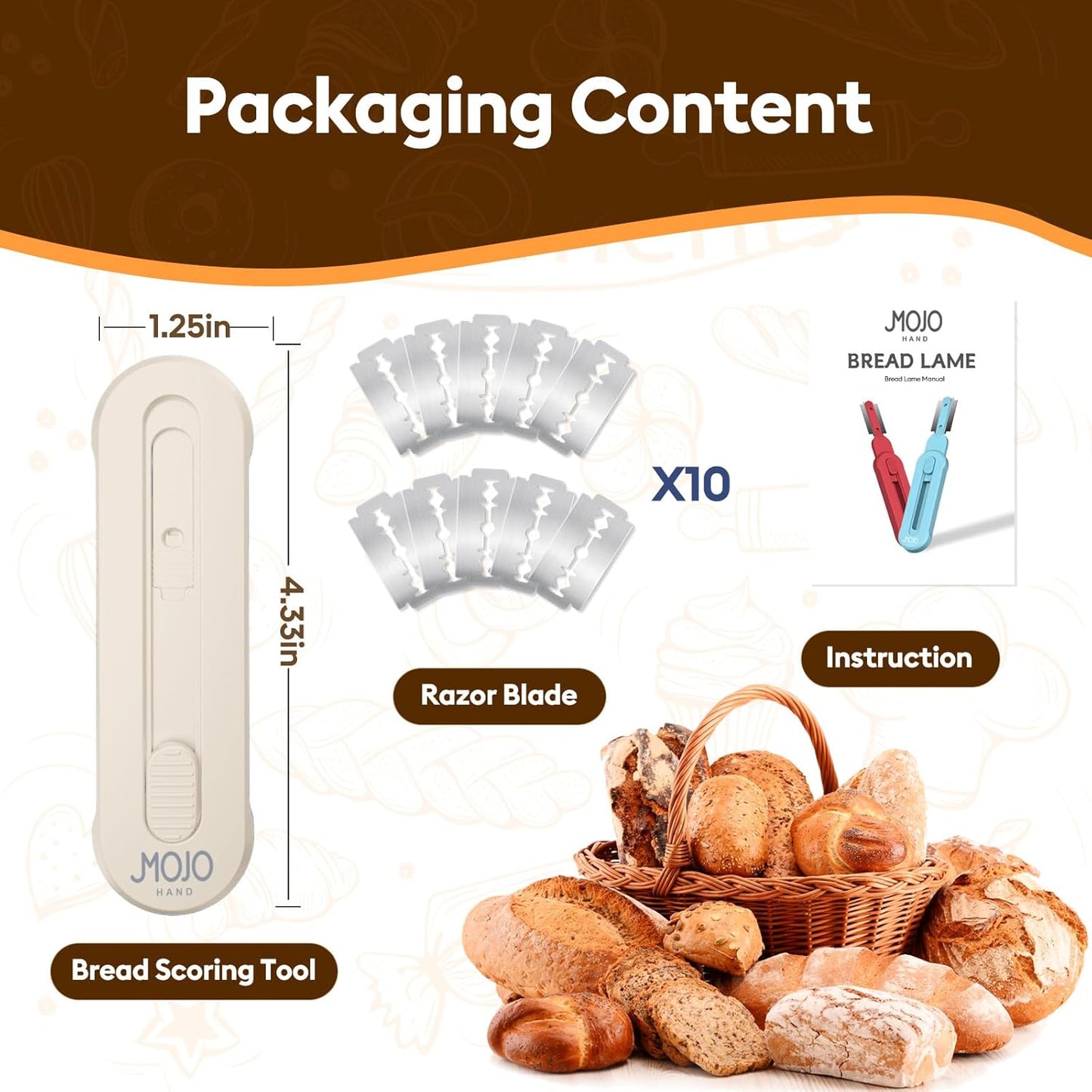 MOJOHAND Bread lame for Dough, Magnetic & Reusable Bread Lame Dough Scoring Tool, Anti-Slip Handle with Long Retractable Razor blades, Sourdough Scoring tool for Bread Making(Off-white)