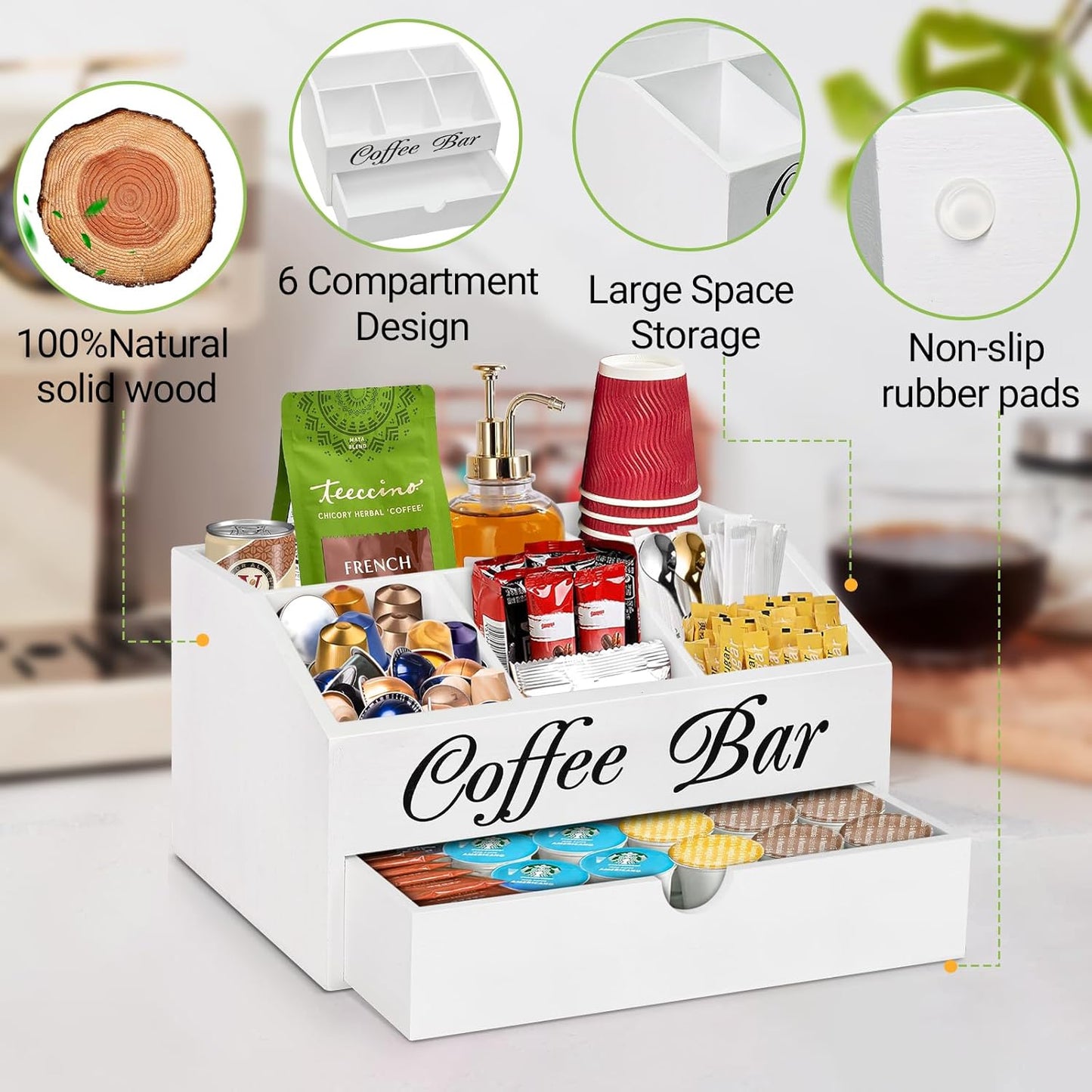 Wooden Coffee Bar Organizer Countertop With Drawer, Station Accessories, Pods Holder Storage Basket, Farmhouse Tea Condiment Organizer