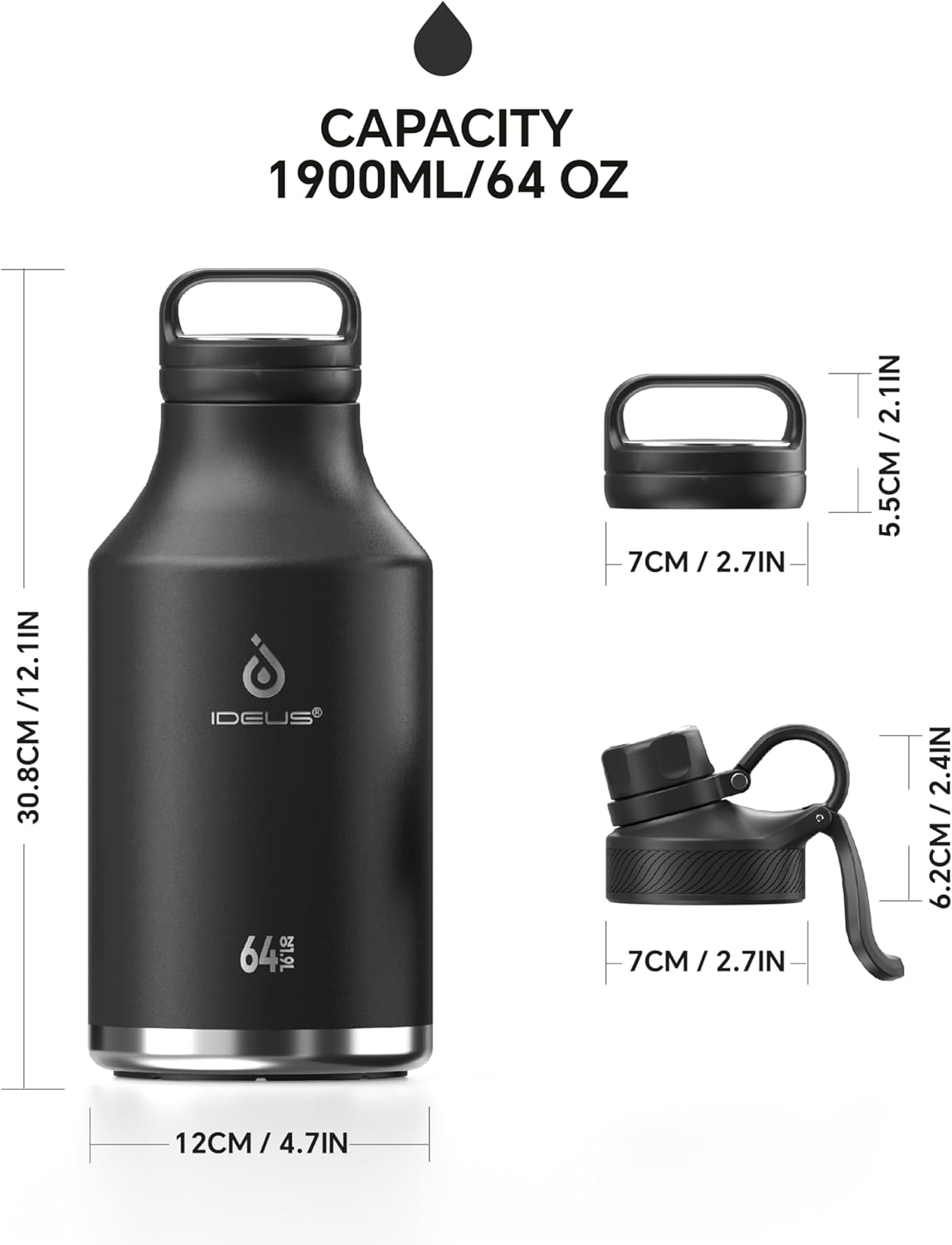 IDEUS Insulated Stainless Steel Water Bottle with 2 Leak-Proof Lids, Thermal Water Flask for Hiking Biking, 64oz, Black