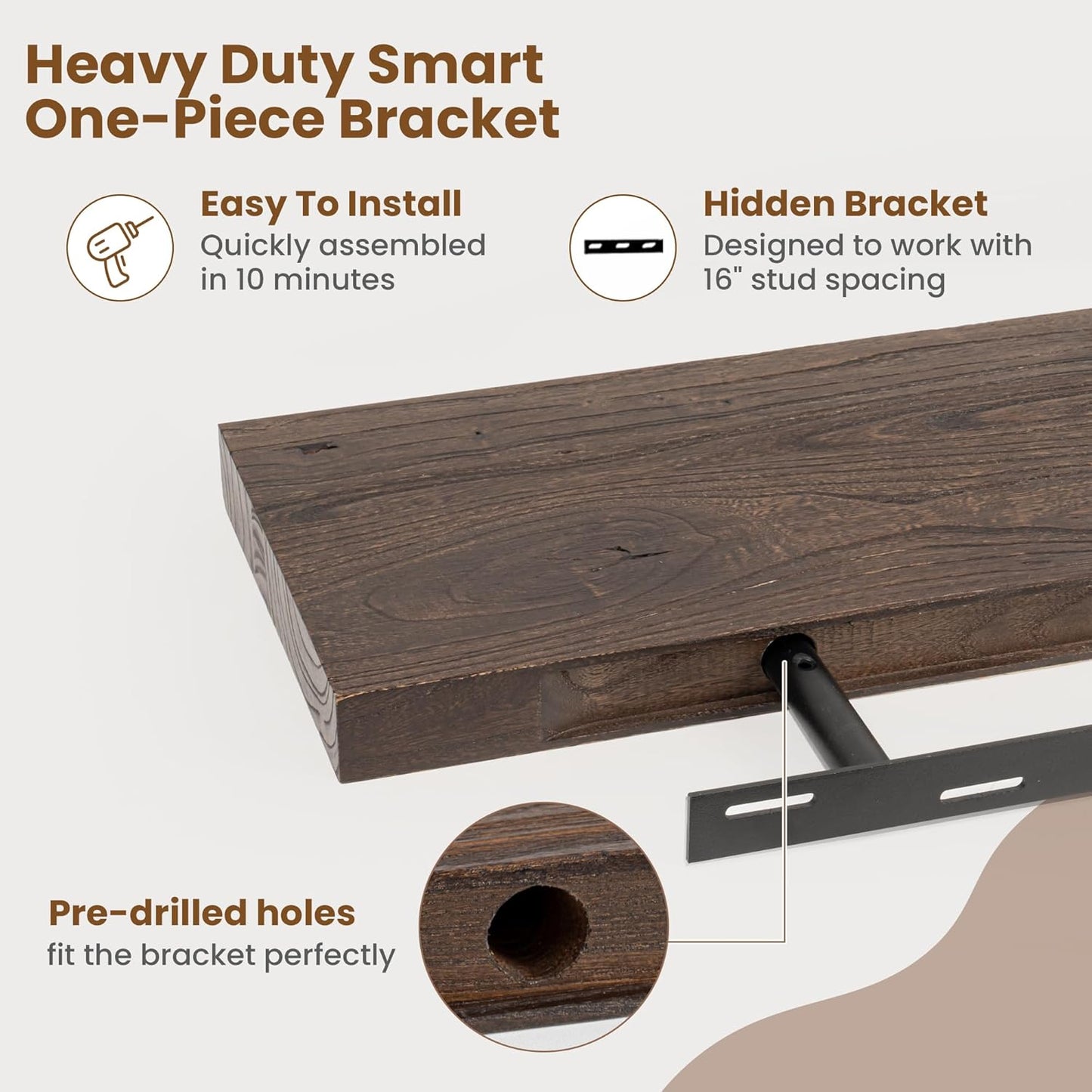 Floating Shelves for Wall Decor, 8 Inch Deep Rustic Solid Elm Wood Floating Shelves Wall Mounted, Wall Shelves with Invisible Bracket for Living Room Bathroom Bedroom Kitchen, 40 Inch Set of 1, Walnut