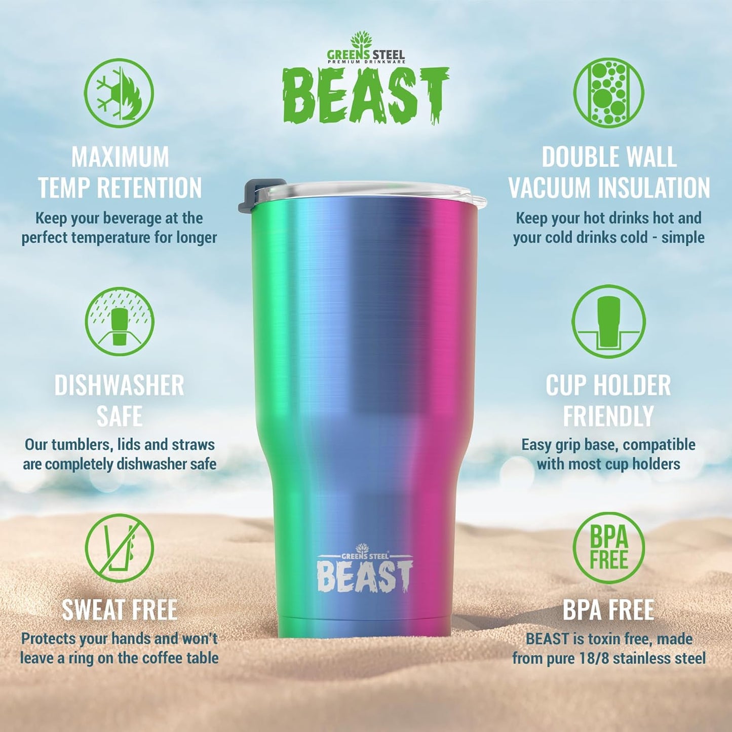 Beast 40 oz Tumbler Stainless Steel Vacuum Insulated Coffee Ice Cup Double Wall Travel Flask (Rainbow)