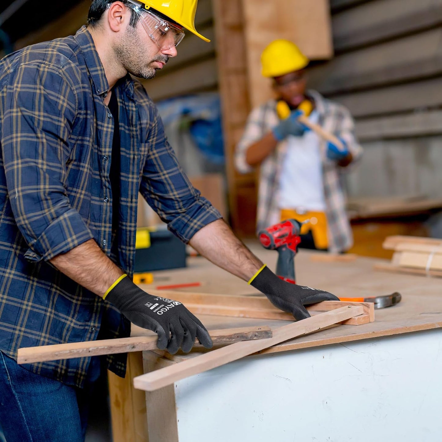 KAYGO Safety Work Gloves PU Coated,12 Pairs KG11PB Seamless Knit Glove for Men and Women, with Smooth Grip on Palm and Fingers, Ideal for General Duty Work (X-Large, Black)