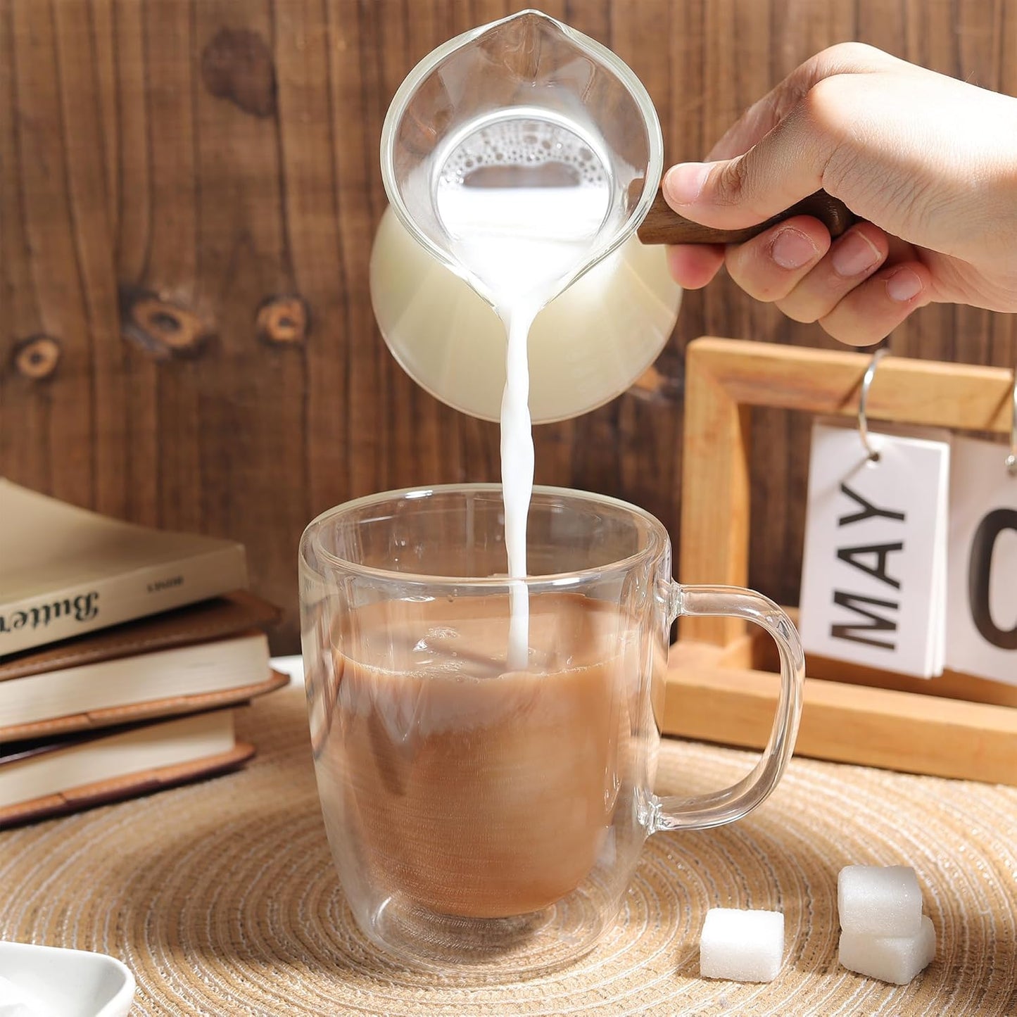Joeyan 6 oz Glass Measuring Cup with Double Spouts,Clear Borosilicate Espresso Shot Glasses with Wooden Handle,Milk Creamer Frothing Pitcher Barista Coffee Carafe
