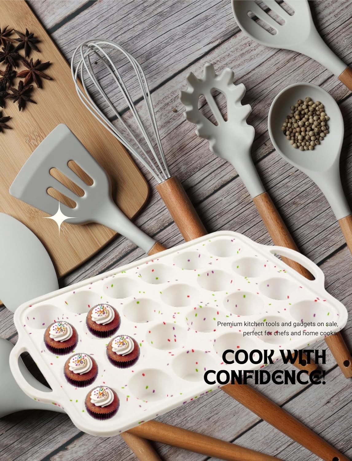 Silicone Cupcake Pan & Mini Silicone Muffin PanCombo Set - silicone mini muffin pan 24-2pack for Baking Non-Stick, Perfect for Cupcakes, Muffins & Desserts, Egg Bites Oven Safe, 2 Pack Confetti