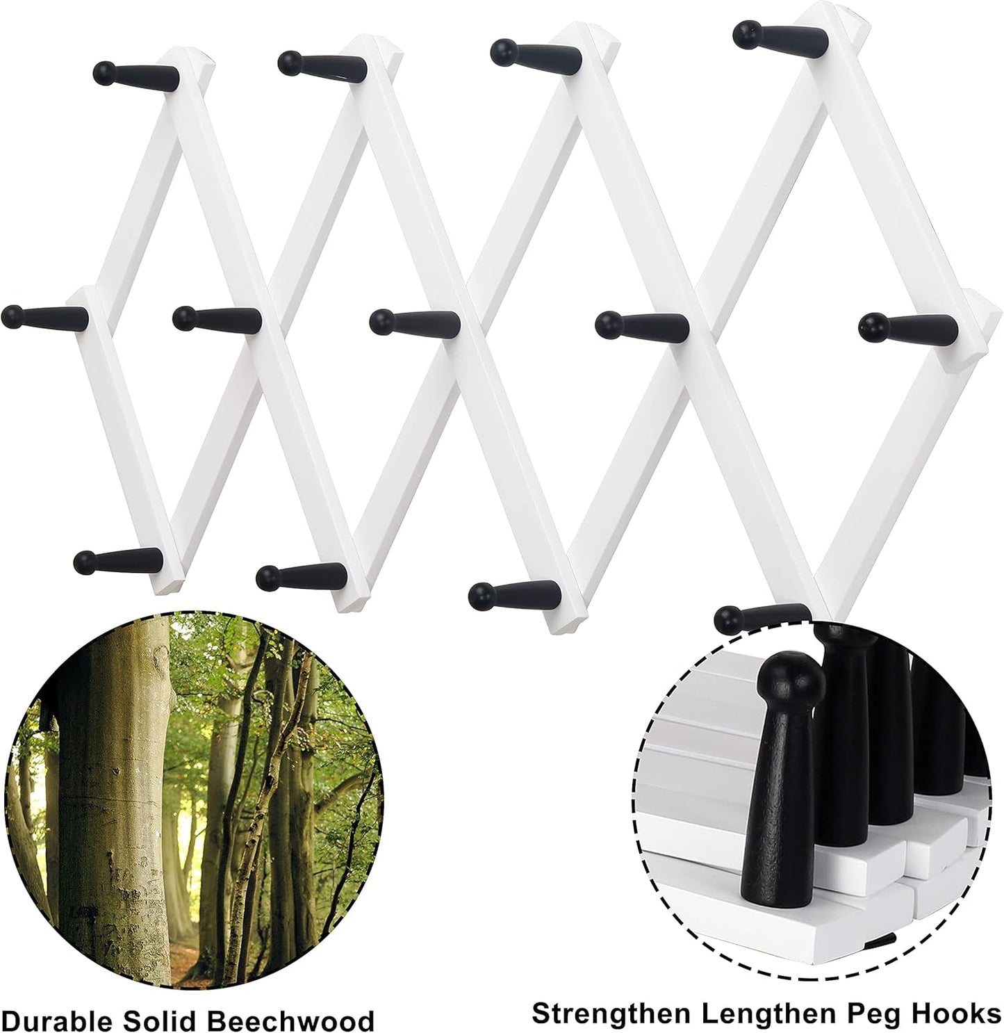Dseap Accordian Wall Hanger: 16” High Wooden Wall Expandable Coat Rack, Hat Rack Holder, Accordion Hook for Baseball Caps, Coats, Mugs, 13 Peg Hooks, White & Black