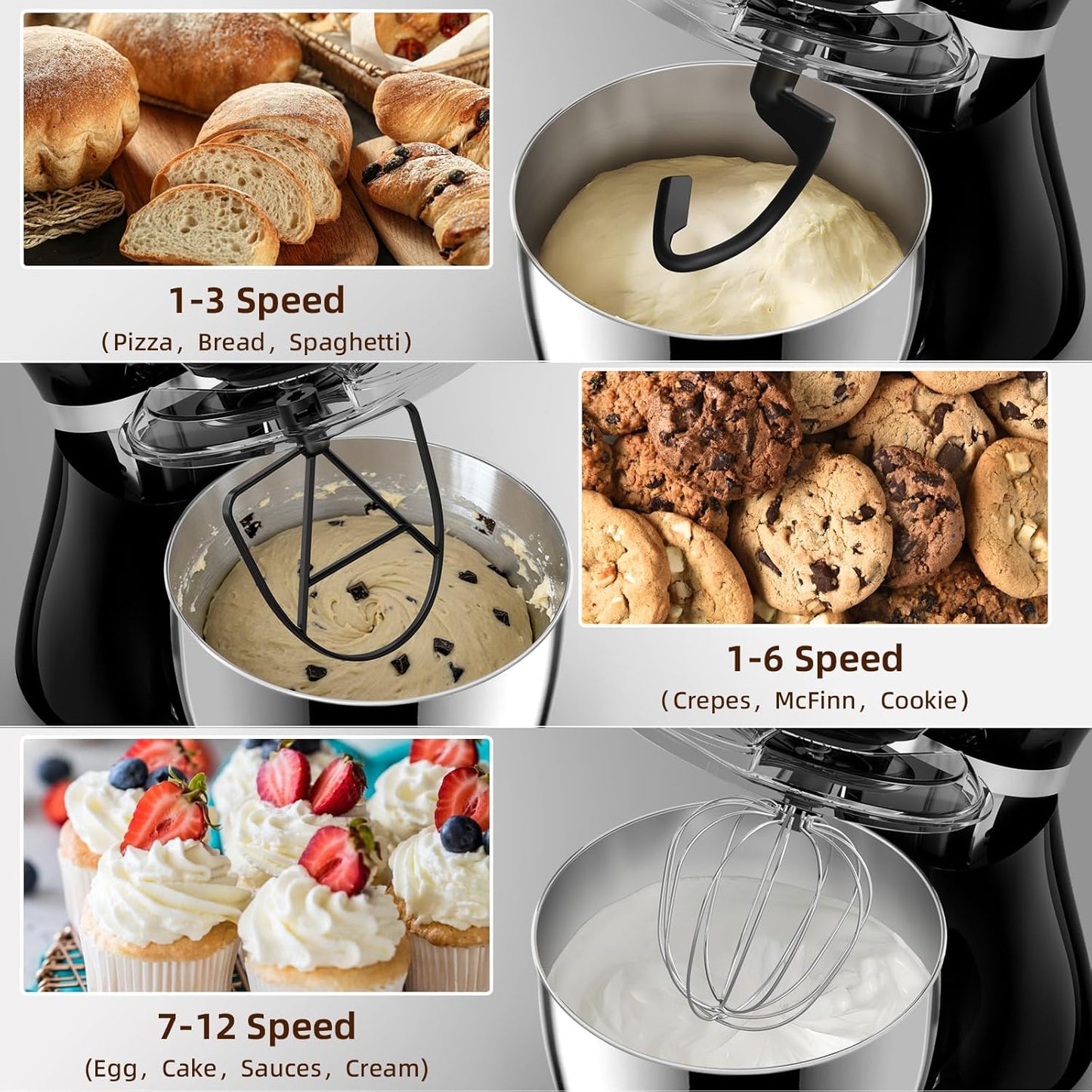 Cowsar Stand Mixer, 12 Speeds Tilt-Head Electric Commercial Stand Mixer, 3-In-1 Kitchen Mixer with Bowl, Dough Hook, Whisk and Beater, Black