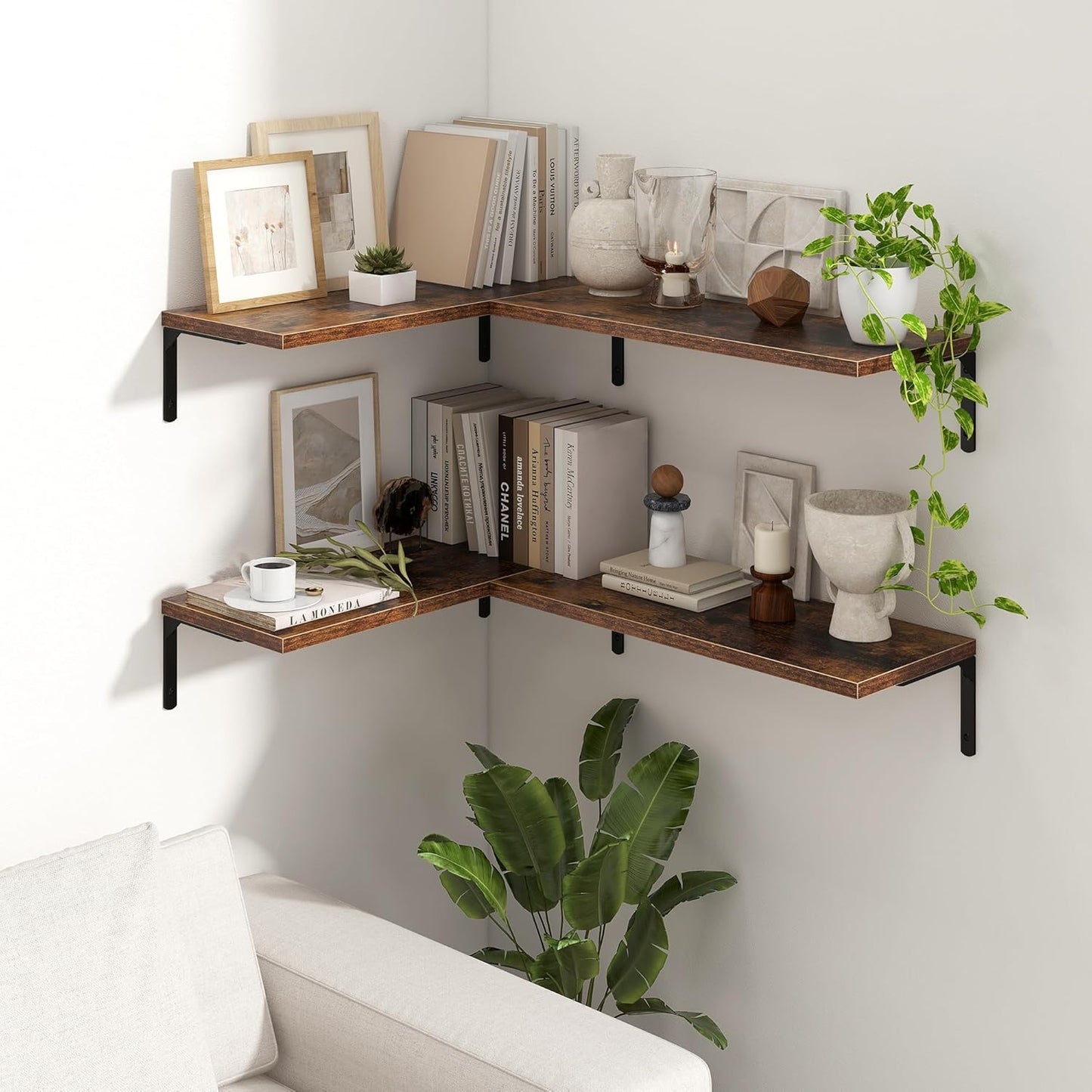 Fun Memories Deep Floating Shelves, 24W x 8D Floating Shelves Set of 2, Wall Mounted Shelf with Metal Brackets, Rustic Wood Wall Shelf for Bathroom, Kitchen and Living Room, Rustic Brown