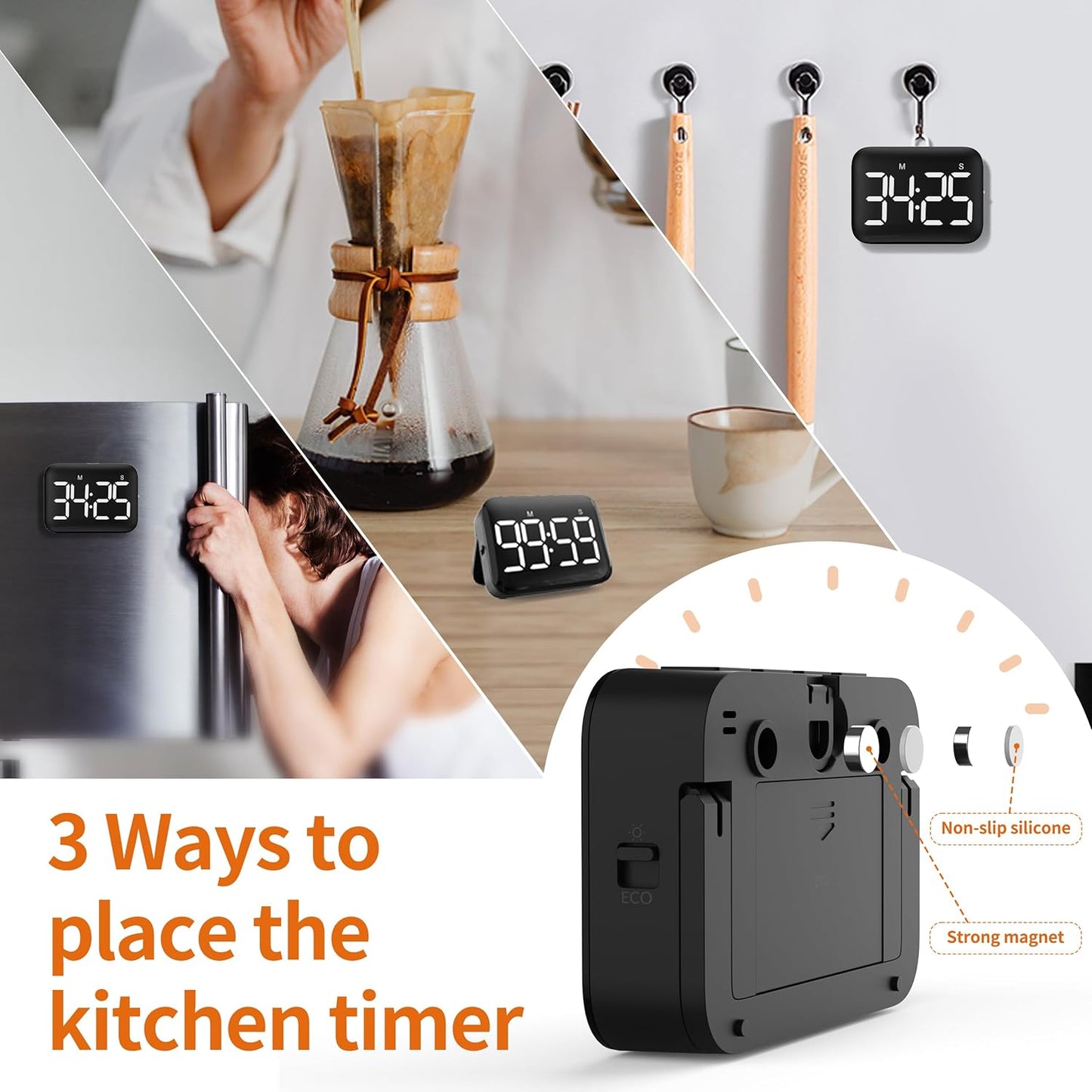 VOCOO Magnetic Kitchen Timer for Cooking with Count Up Countdown, Digital Timer Battery Powered with Large Display, 2 Brightness and Volume Levels for Classroom, Teacher, Kids (Dark Black)