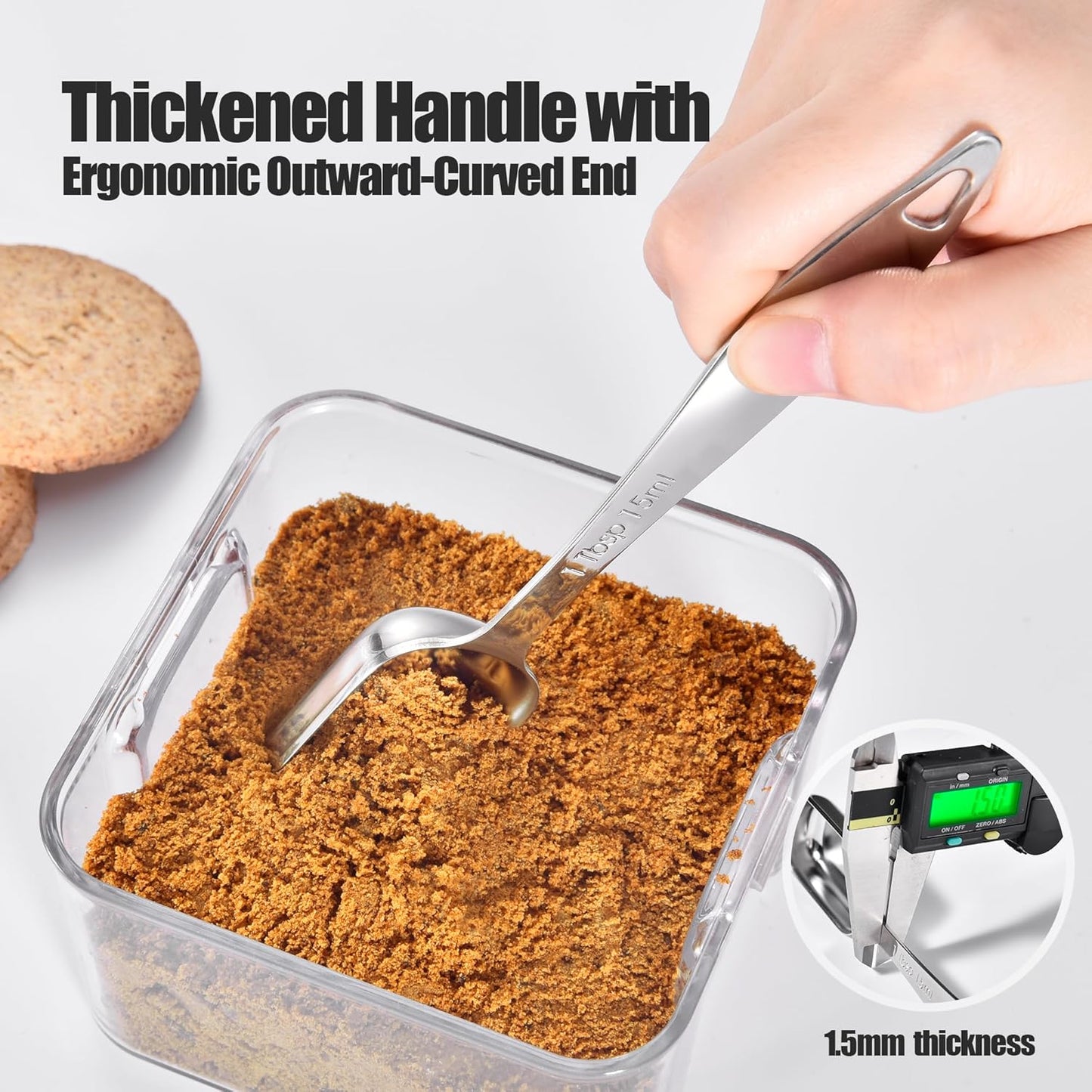 18/8 Stainless Steel Measuring Spoons: Doosu Heavy Duty Rectangular Spoon Square Teaspoon Tablespoon Scoop with Slim Long Handle in Narrow Spice Jar for Kitchen Baking Cooking (Set of 7 with Leveler)