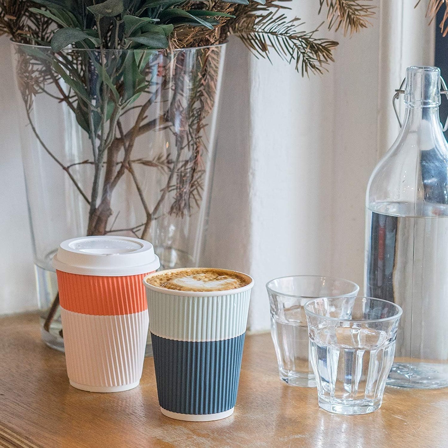 Disposable Coffee Cups With Lids - 12 oz To Go Coffee Cups (80 Set) With Sturdy Lids Prevent Leaks! Paper Hot Cup Holds Shape With Hot, Cold Drinks. Ripple Cups Protect Fingers from Heat!