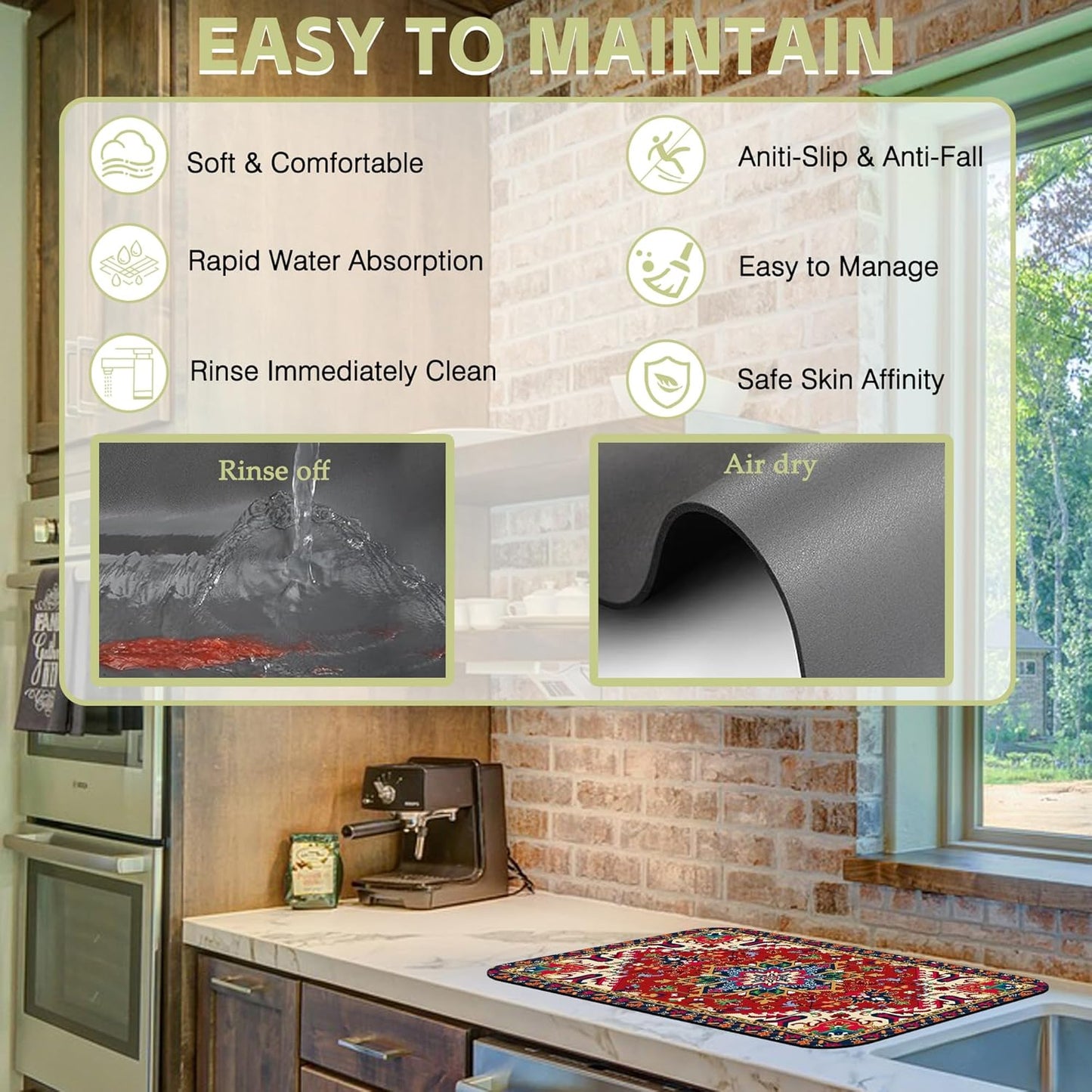 Dish Drying Mat Bohemia Tribal Carpet Texture Kitchen Mat 16"x24" Bsorbent Coffee Maker Mat for Dishes,Utensils Coffee Maker Pots and Pans Easy Clean Dish Slip Resistant Pad