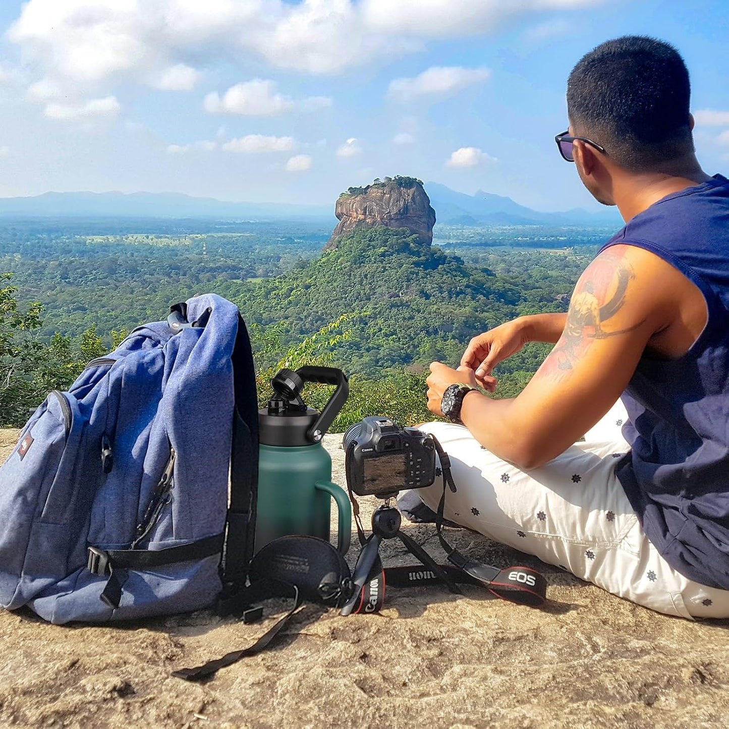 BJPKPK 87oz Insulated Water Bottle with Handle, Large Dishwasher Safe 2/3 Gallon Water Bottle, BPA Free Water Jug, Wide Mouth Metal Water Bottle with Anti-slip Bottom, Army Green & Black