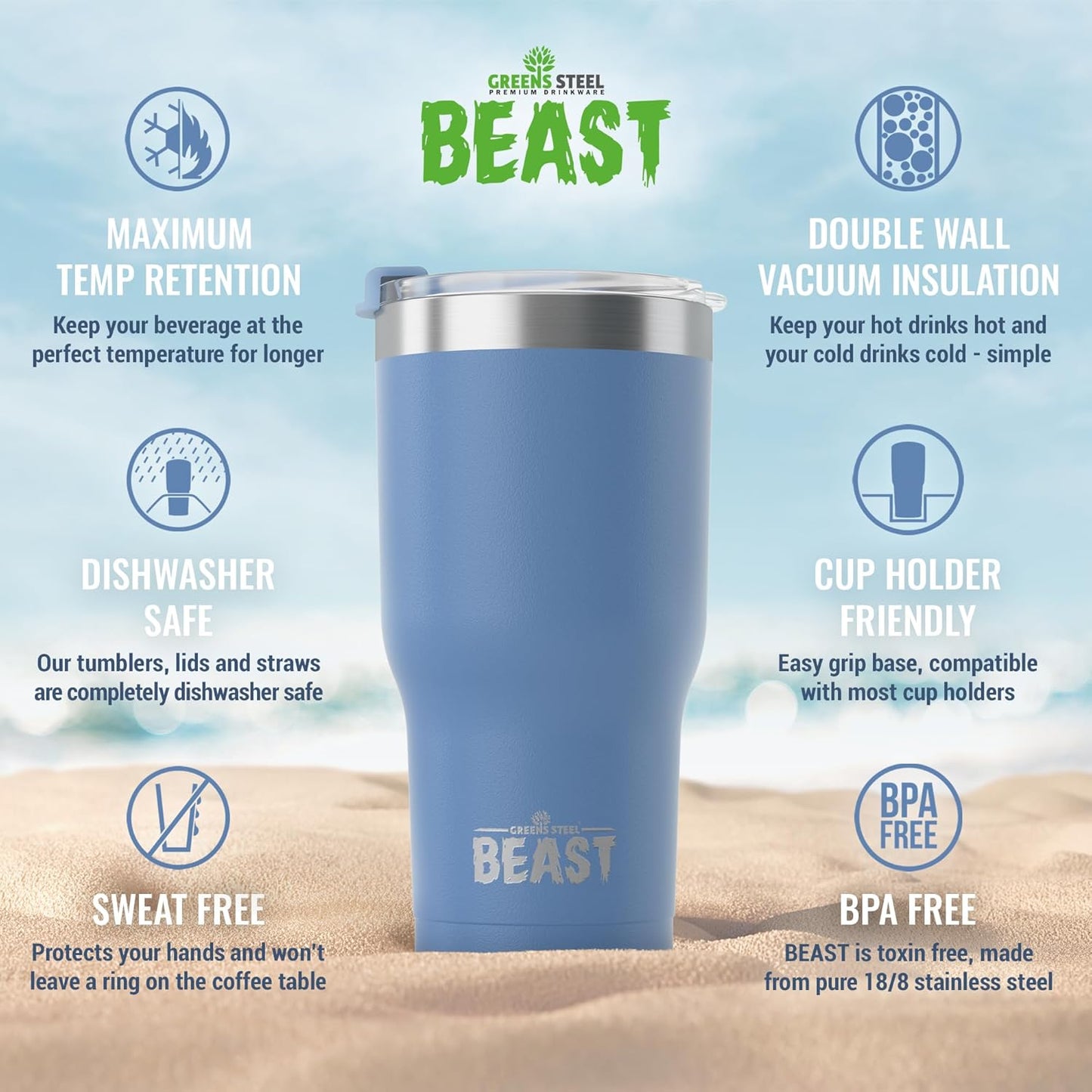 Beast 30 oz Tumbler Stainless Steel Vacuum Insulated Coffee Ice Cup Double Wall Travel Flask (Stormy Sky Blue)