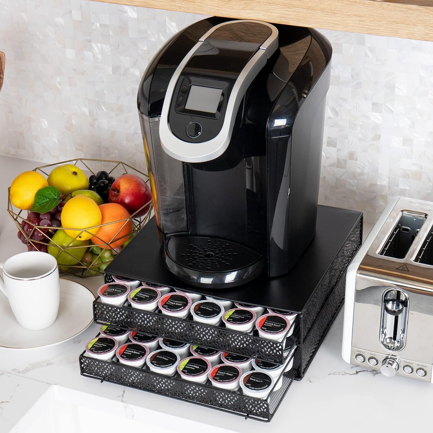 Mind Reader Single Serve Coffee Pod Organizer with 2 Drawers, 72 Pod Capacity, Metal Mesh, 13"L x 12.75"W x 5"H, Black