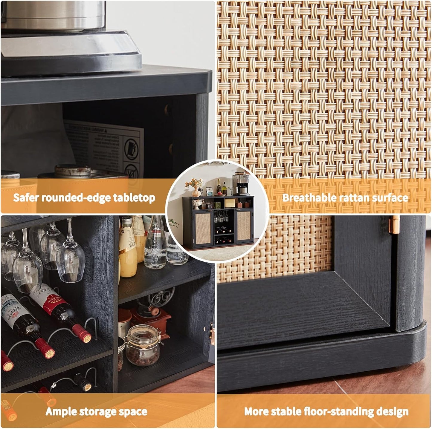 Lerliuo 47.2" Rattan Wine & Liquor Cabinet with 2 Doors, Boho Farmhouse Coffee Bar Station, Built-in Wine Racks & Storage, Adjustable Shelves for Living Room, Dining Room, Kitchen, Black