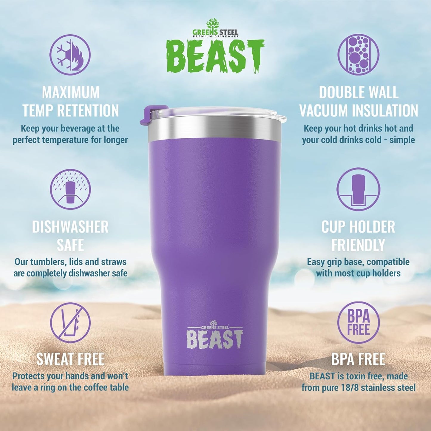 Beast 20 oz Tumbler Stainless Steel Vacuum Insulated Coffee Ice Cup Double Wall Travel Flask (Purple)