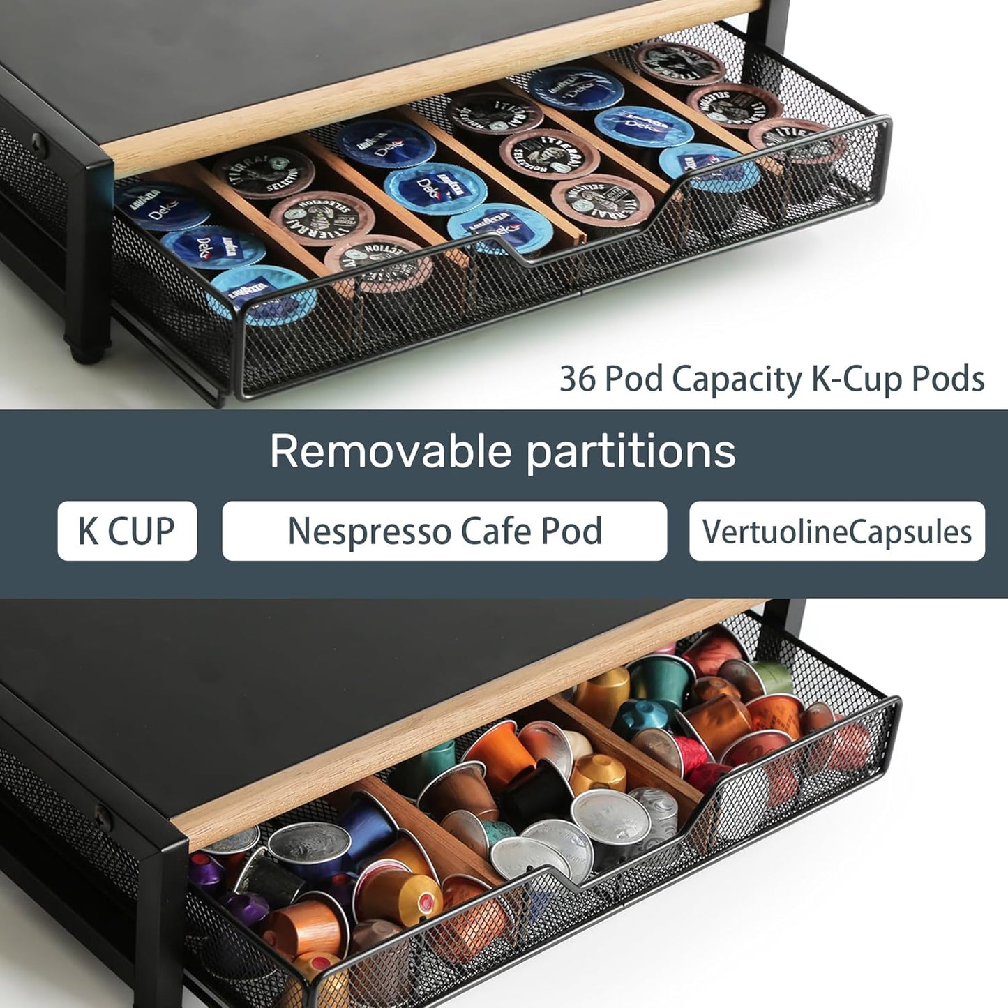 Coffee Pod Drawer,Coffee Station Organizer for Coffee Pod Storage,Movable Solid Wood Partition Board, Counter Coffee Bar Accessories for Nespresso Pods,Cream, Spoon, Sugar(Black)