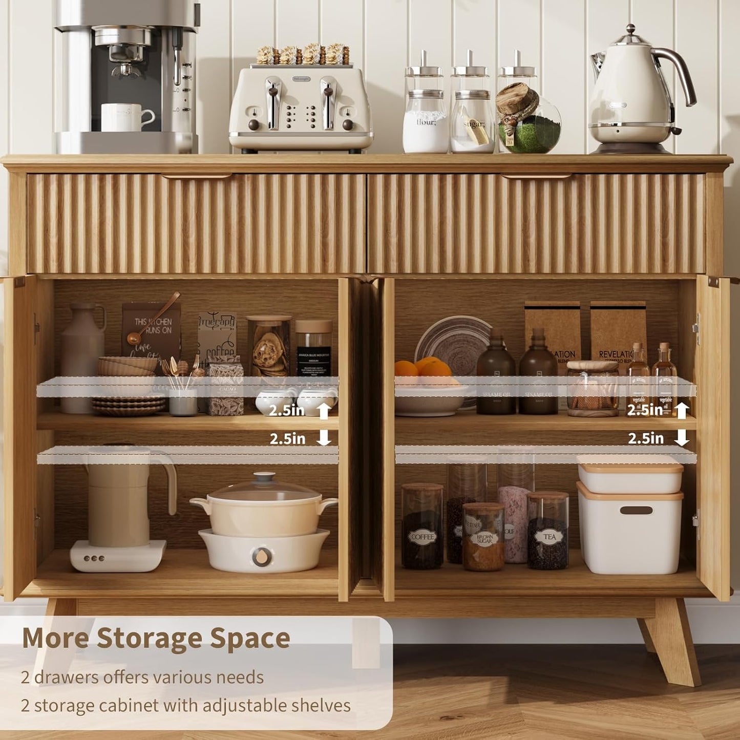 QUW Fluted Buffet Sideboard Cabinet with Storage, 47.2" Kitchen Cabinet with Drawers and Adjustable Shelves, Modern Coffee Bar with Charging Station, for Dining Room, Living Room, Natural Oak