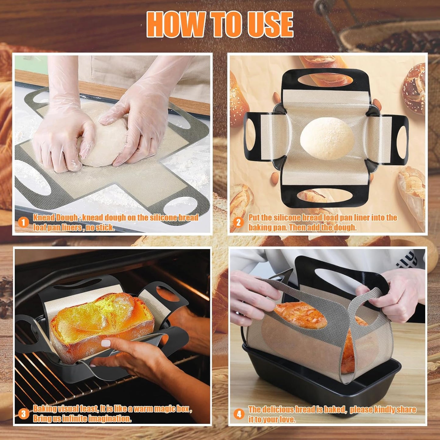 Reusable Silicone Bread Loaf Pan Liner, Food-Grade Silicone Bread Sling, Sourdough Bread Mat, Loaf Pan Lifters, Non-Stick&Easy Clean Dough Transfer Tool, Fits 9x5 or 1.5lb Loaf Pans, Black & Orange