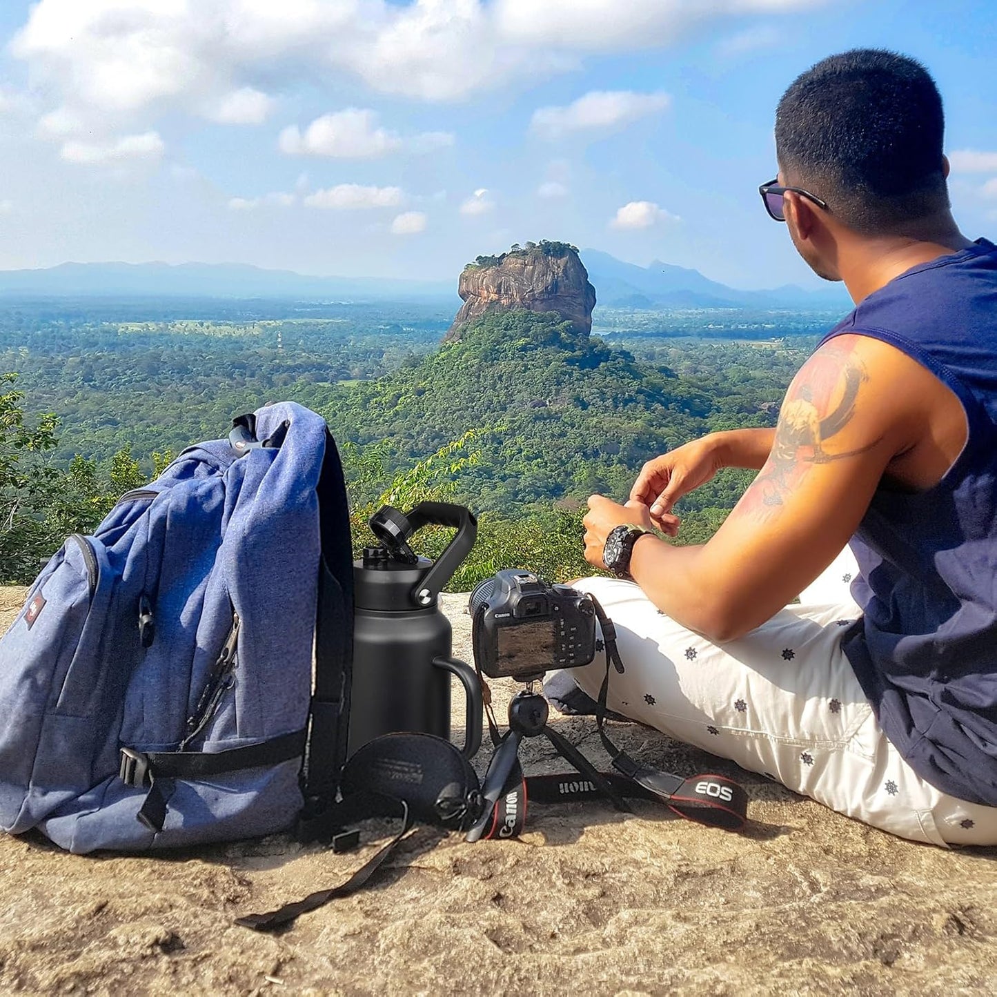 BJPKPK 87oz Insulated Water Bottle with Handle, Large Dishwasher Safe 2/3 Gallon Water Bottle, BPA Free Water Jug, Wide Mouth Metal Water Bottle with Anti-slip Bottom, Keep Cold & Hot,Black