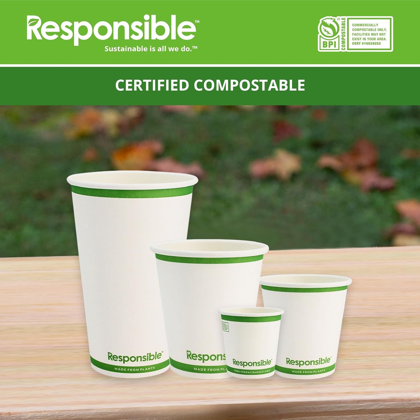 Certified Compostable 8 oz Paper Cups, Cold & Hot Coffee Cups, Disposable Paper Cups, Extra Strength Disposable Cups, Made without PFAS (50 count)