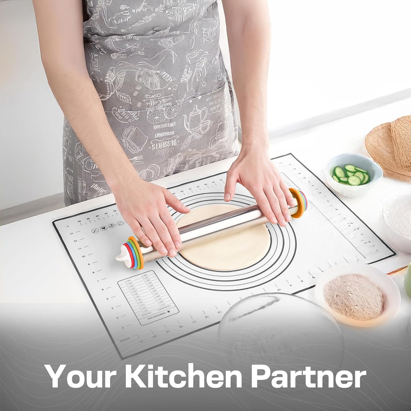 Adjustable Stainless Steel Rolling Pin with 4 Dough Thickness Rings & Non-Stick Red Pastry Mat – 17" Professional Tool for Baking Pizza, Pasta, Cookies & Pie Crusts