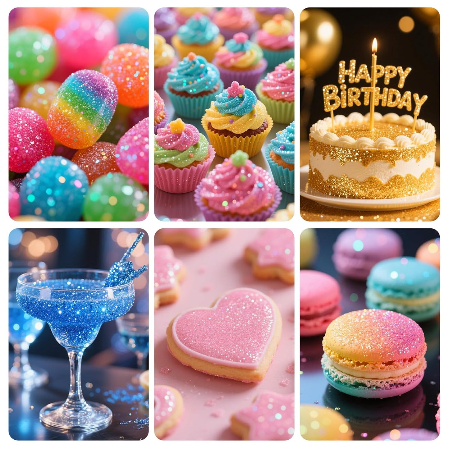 Edible Glitter for Cocktails, Edible Luster Dust 6 Colors, Food Grade Glimmer Sprinkles for Baking, Cakes, Strawberries, Beverage, Cookies, Candy, Chocolate, Vegan (5g/Bottle)