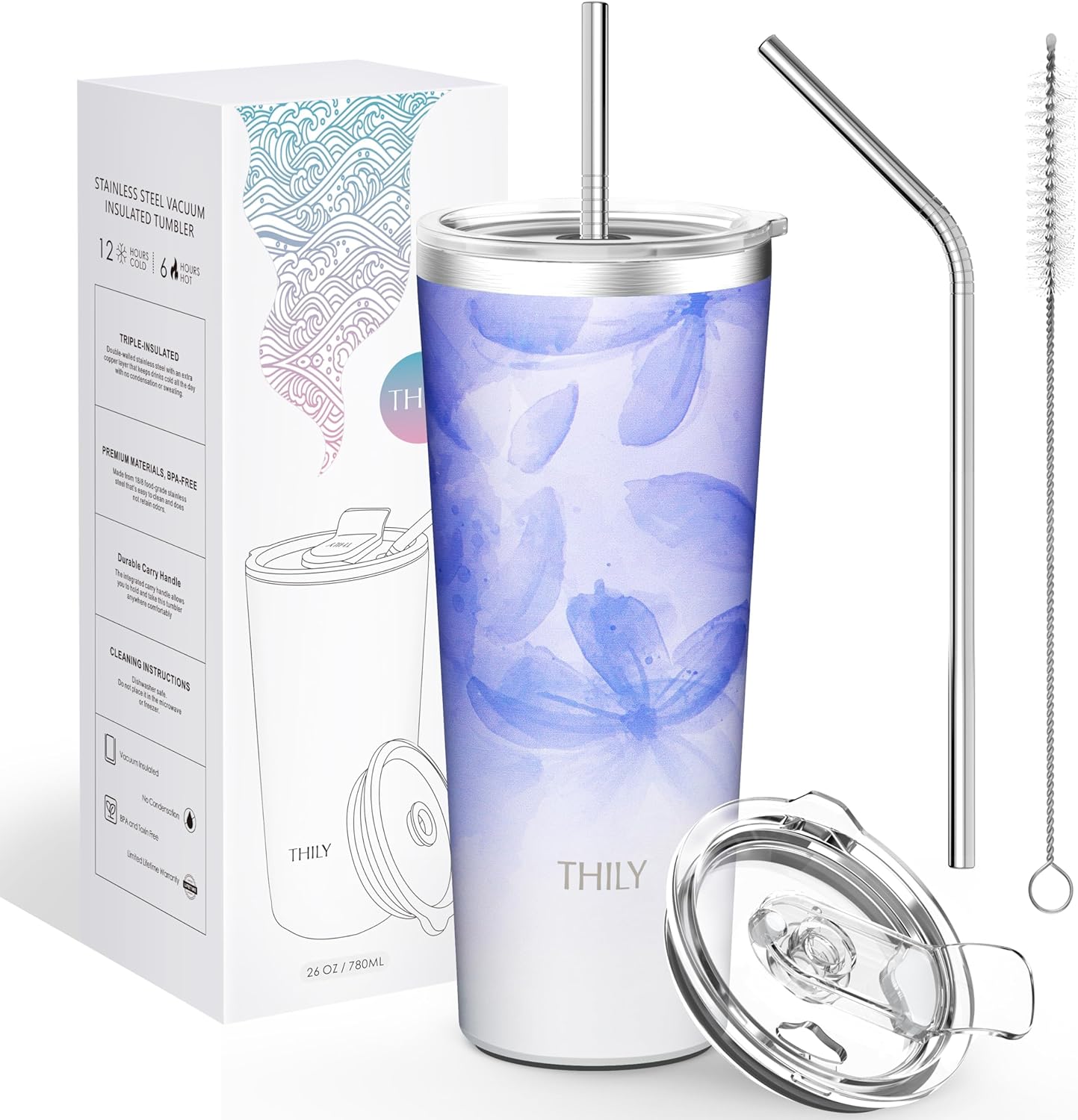 THILY Stainless Steel Vacuum Insulated Tumbler Travel Mug 26 oz Coffee Cup with 2 Lids and Straws, Splash Proof, Keep Ice Drinks Cold, Violet Leaves