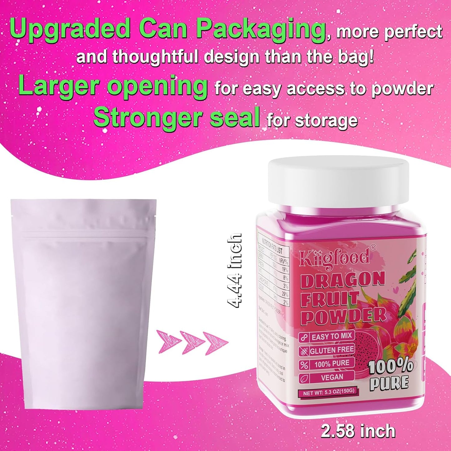 Dragon Fruit Powder - Kiigfood 5.3 oz/150g Natural Fruit Powder, Freeze-Dried Pink Pitaya Powder for Dragon Fruit Syrup, Drink, Baking, Smoothies, Cocktail, Food Coloring - Vegan, Non-GMO, Gluten-Free