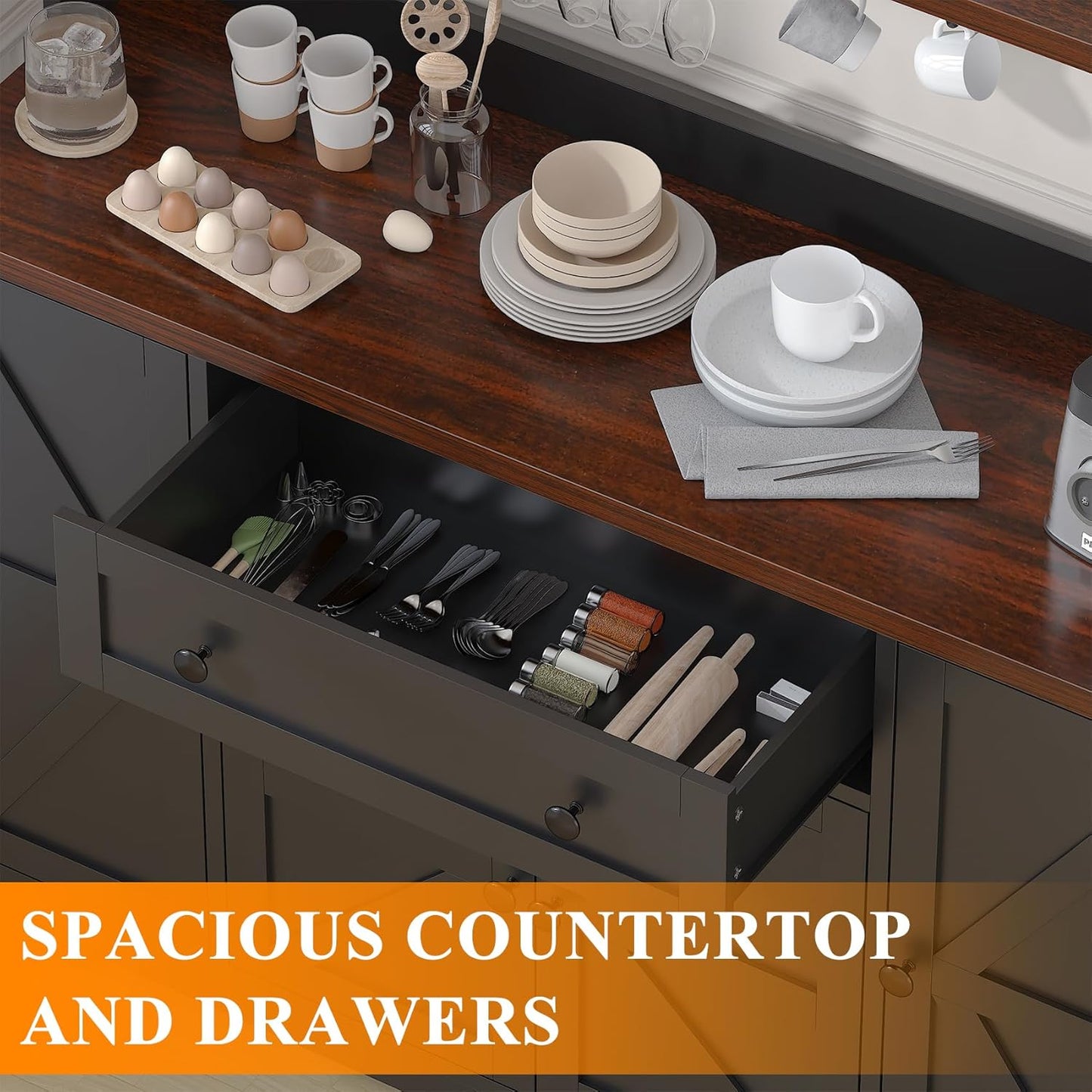 Hutch Storage Buffet Cabinet with Drawers, and Charging Station, Coffee Bar Cabinet with Barn Doors, Wine Rack and Hooks, White Wood Sideboard Buffet for Kitchen, Dining Room, 47.8" High