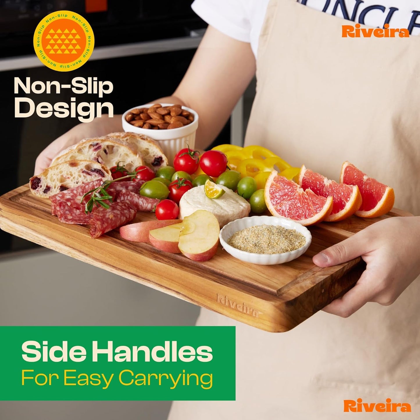 Riveira Teak Wood Cutting Board – Gourmet Teak Grandeur: 15 x 10 Wooden Cutting Board – Natural Wooden Cutting Boards For Kitchen Decorative – Innovative Juice Grooves Teak Wooden Chopping Board