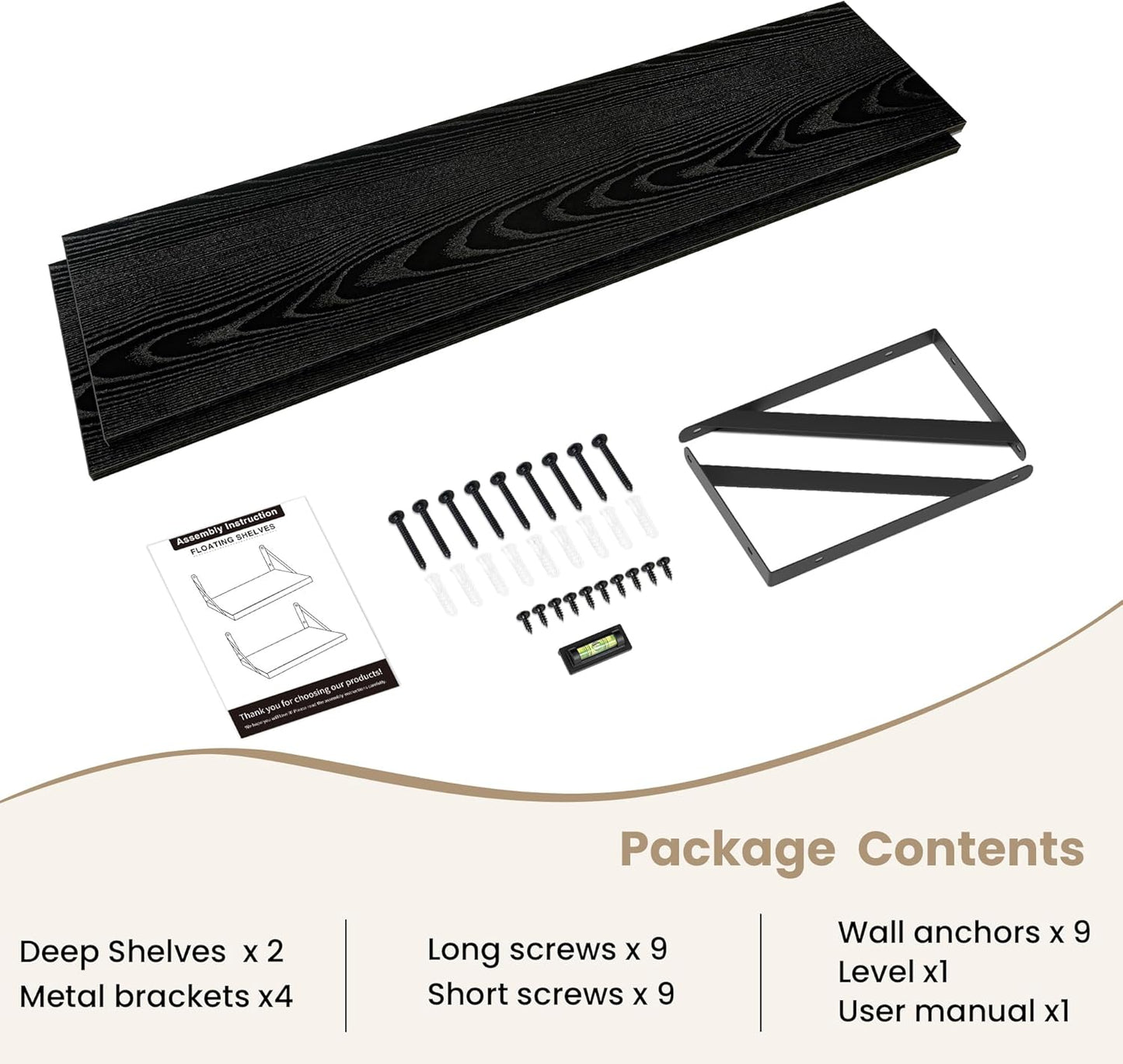 Dreamland Floating Shelves for Wall, 12 Inch Deep Floating Shelves Set of 2, 55W x 12D Large Wall Shelf with Sturdy Metal Brackets for Living Room, Bathroom, Bedroom and Kitchen, Black