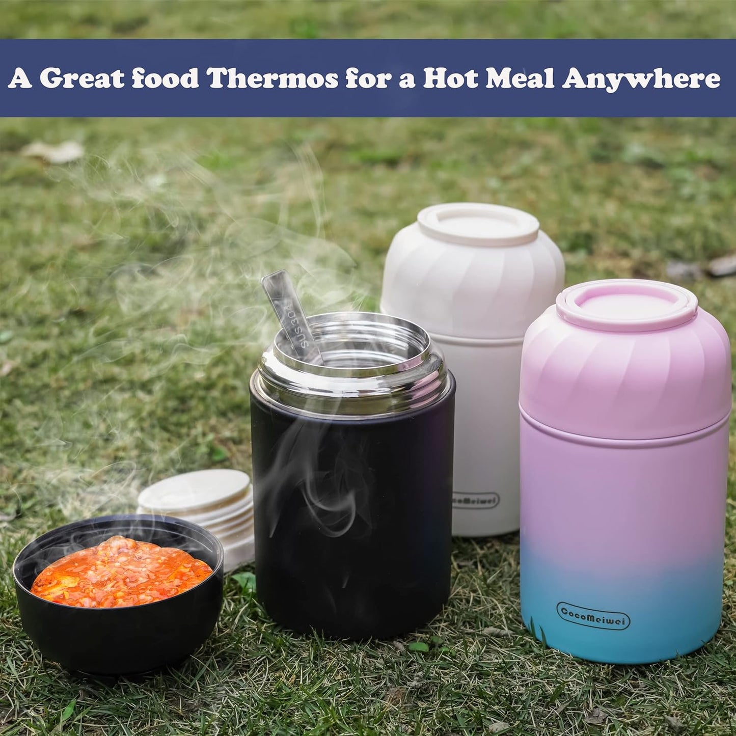 Soup Thermo for Hot Food & Drinks, Thermo Lunch Box for Kids, 17oz Vacuum Insulated Food Container with Spoon&&Drawstring Bag, Soup Therm for Adults, Blue&White